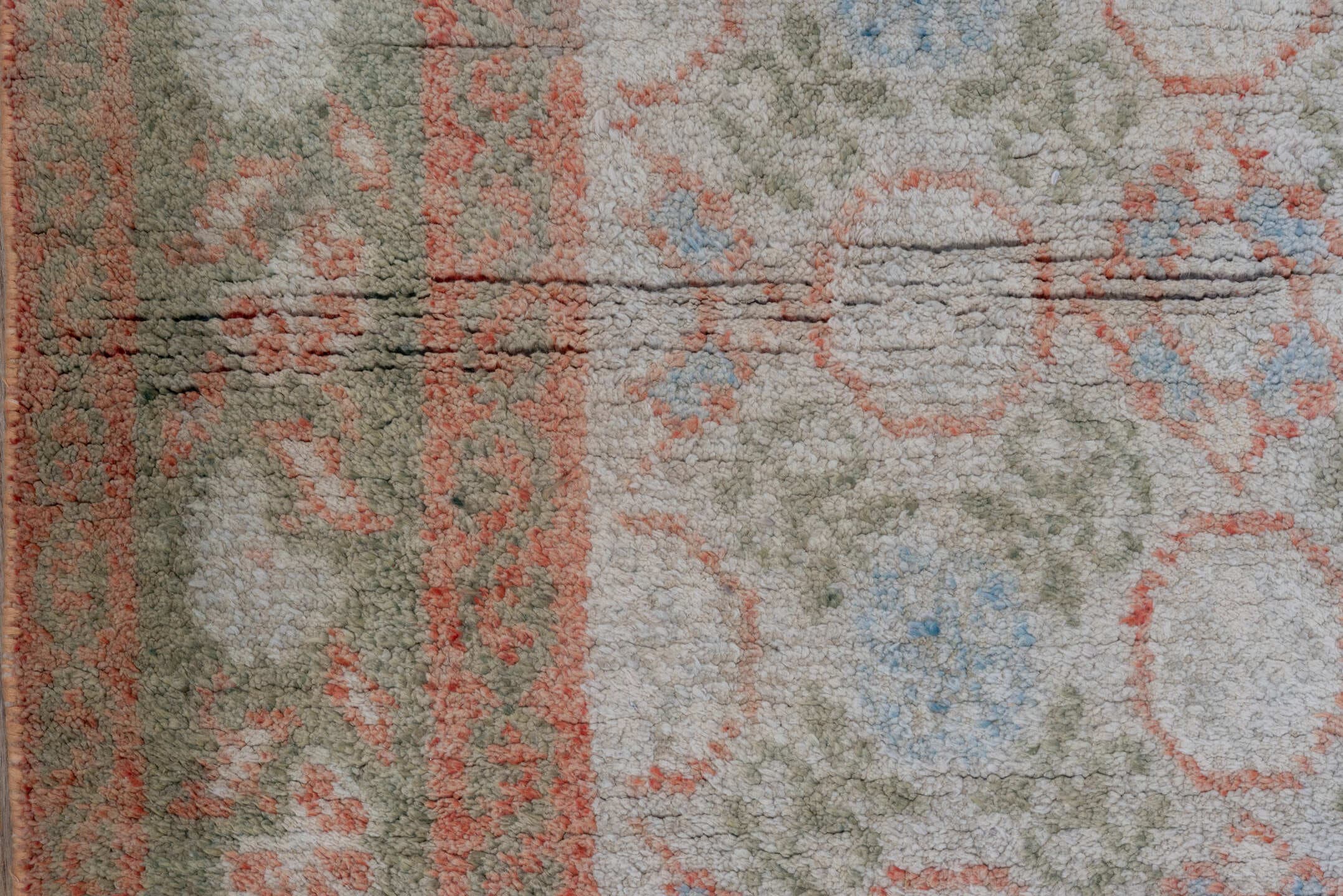 4' x 6' one-of-a-kind handmade vintage Cotton Agra small size rug. Color palette: ivory, sage, coral, pale blue, taupe