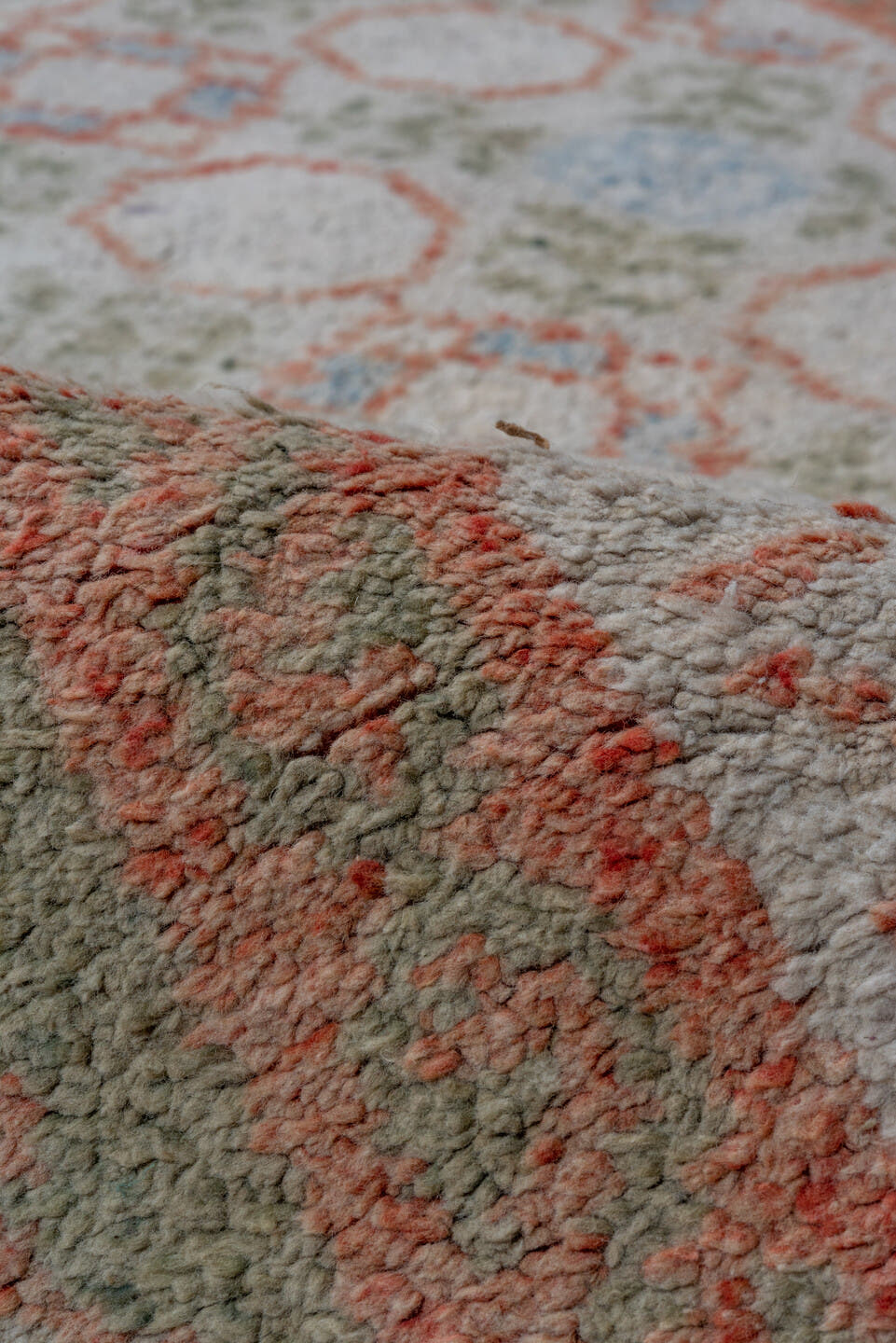 4' x 6' one-of-a-kind handmade vintage Cotton Agra small size rug. Color palette: ivory, sage, coral, pale blue, taupe