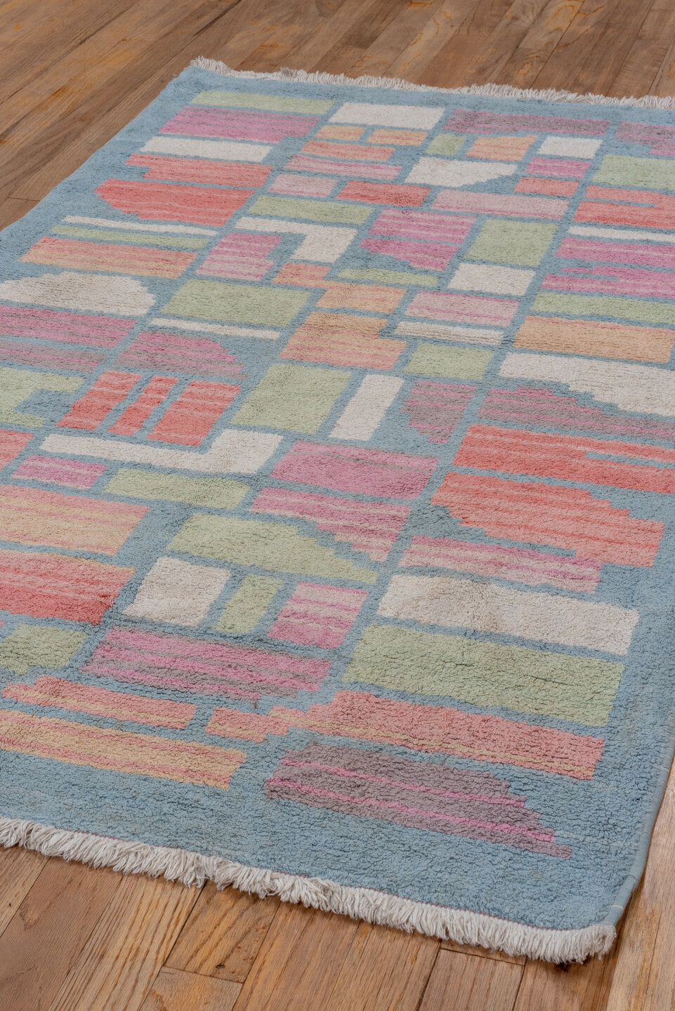 3' x 5' one-of-a-kind handmade vintage Cotton Agra small size rug. Color palette: sky blue, pink, ivory, sage, coral