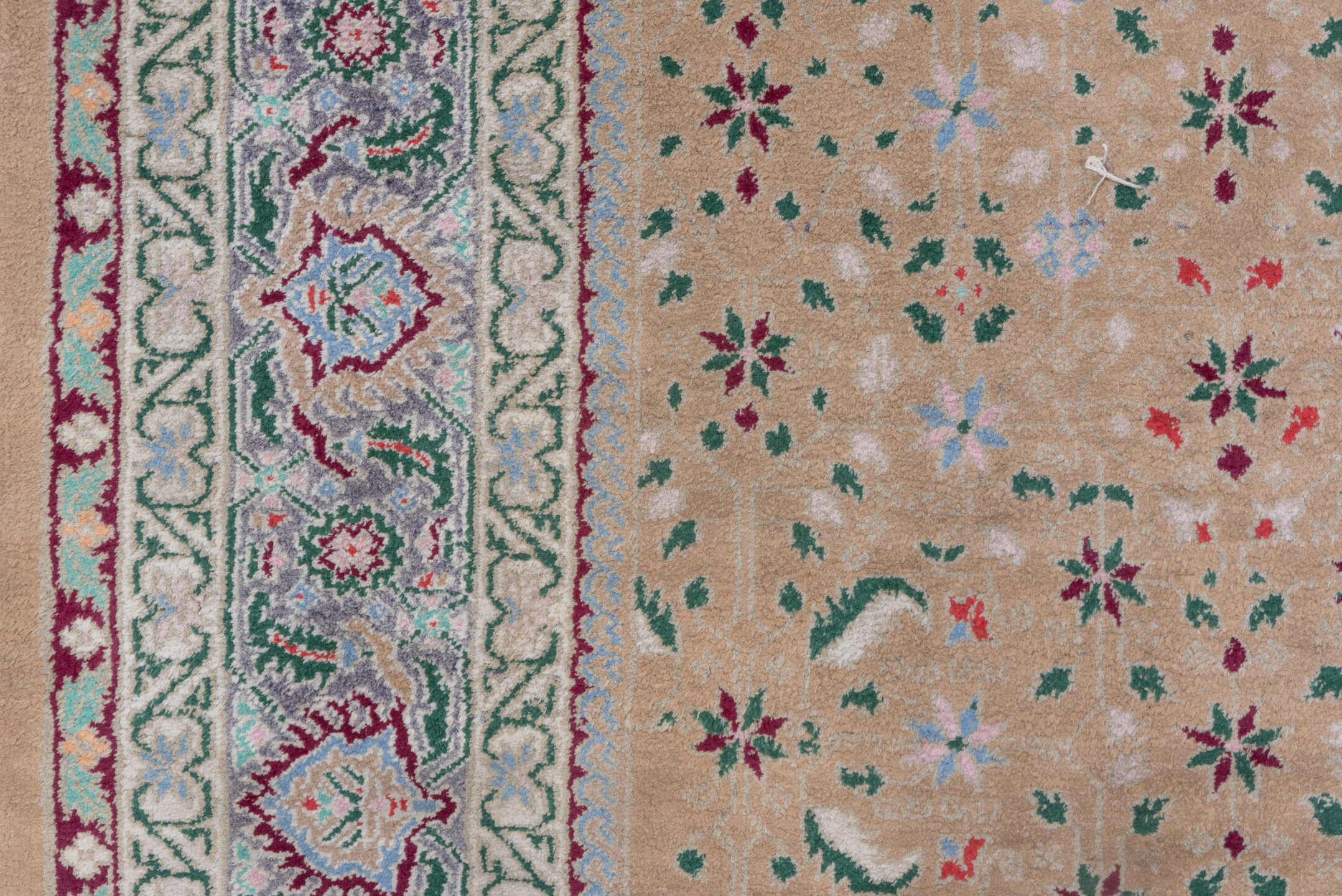 6' x 8' one-of-a-kind handmade vintage Agra medium size rug. Color palette: camel, ivory, sage, sky_blue, burgundy, rose