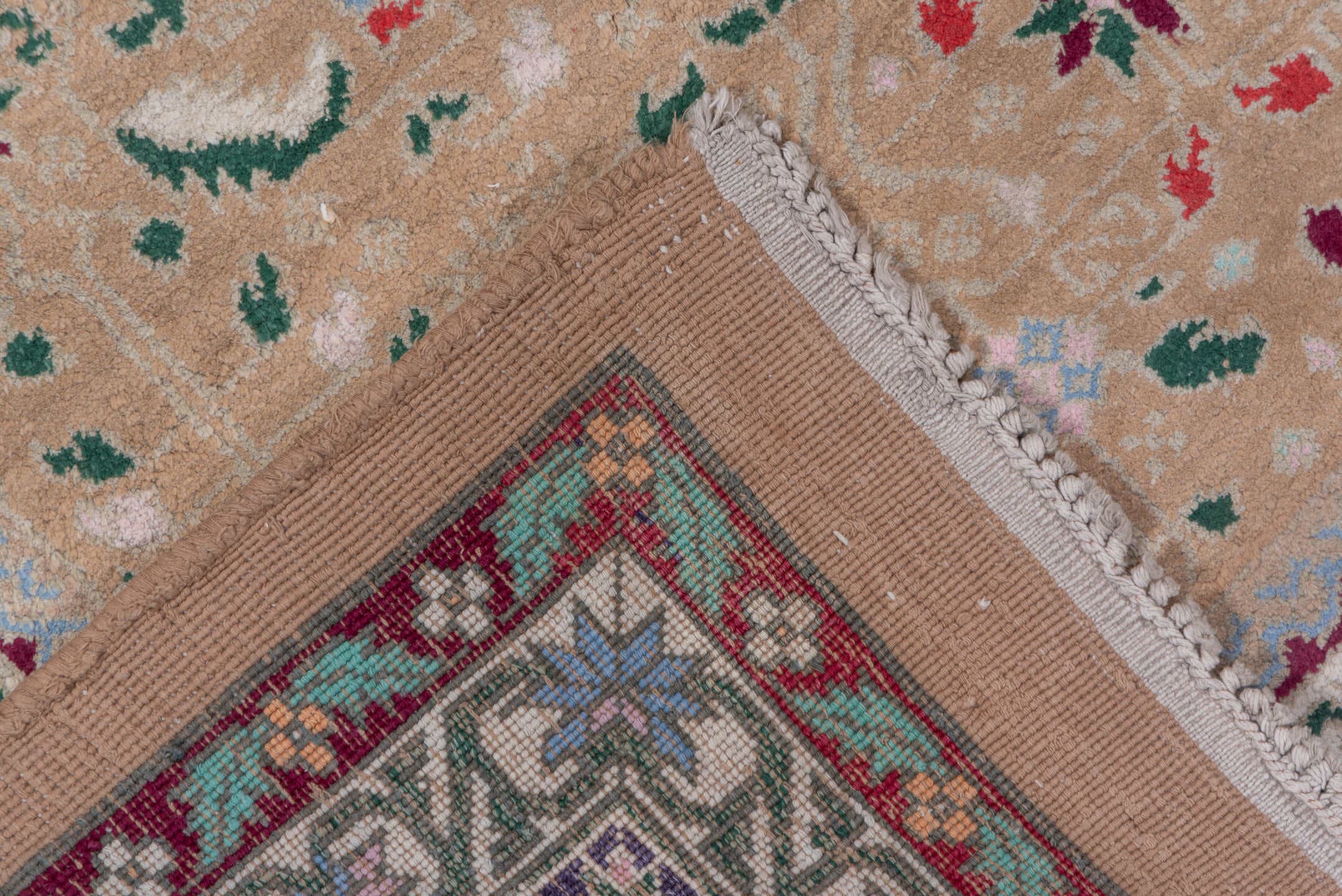 6' x 8' one-of-a-kind handmade vintage Agra medium size rug. Color palette: camel, ivory, sage, sky_blue, burgundy, rose
