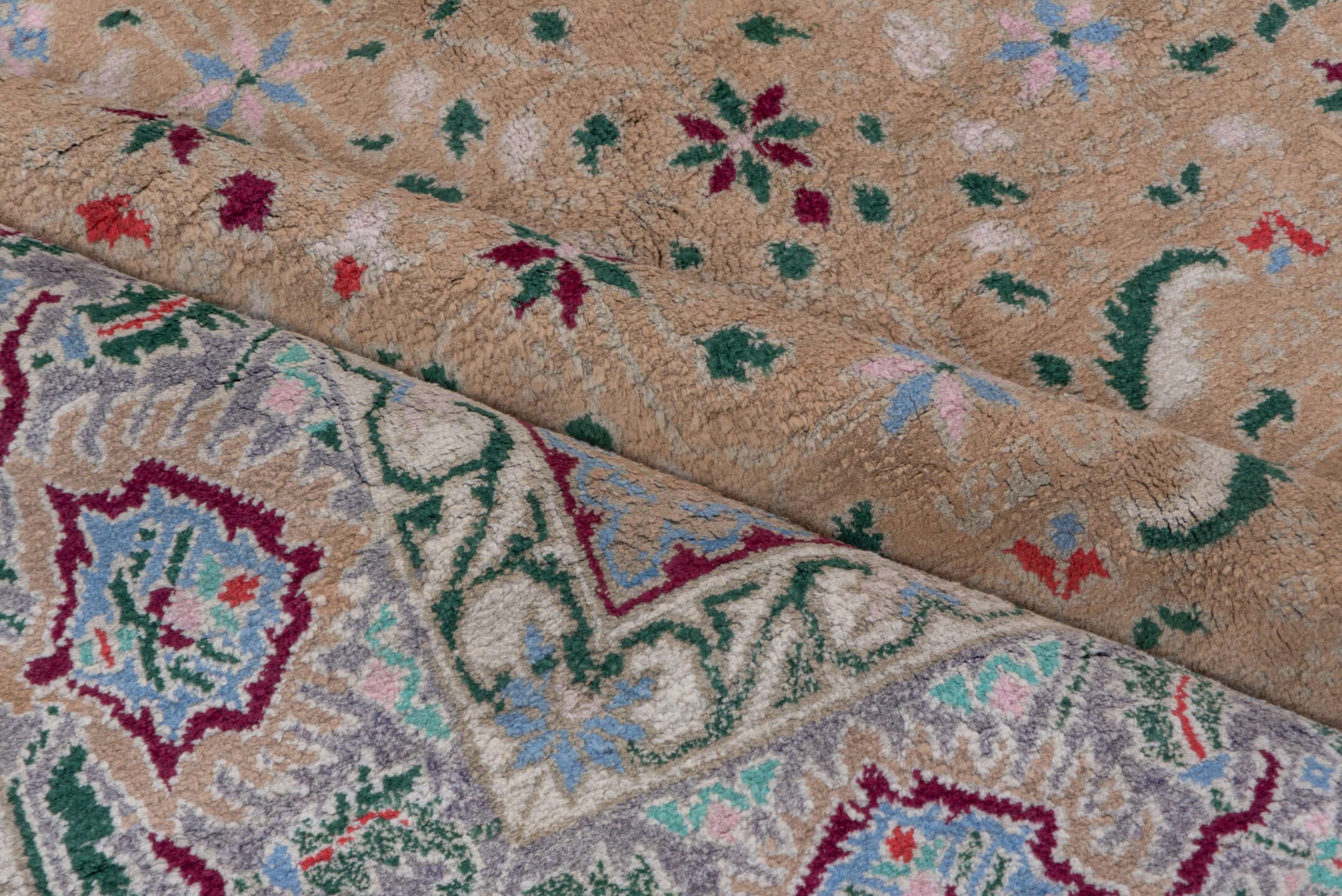 6' x 8' one-of-a-kind handmade vintage Agra medium size rug. Color palette: camel, ivory, sage, sky_blue, burgundy, rose