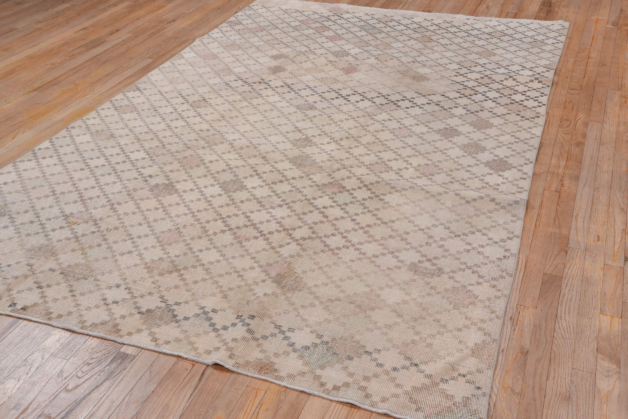 6' x 10' one-of-a-kind handmade vintage Oushak large size rug. Color palette: ivory, blush, taupe, sand, rose, gray, pink