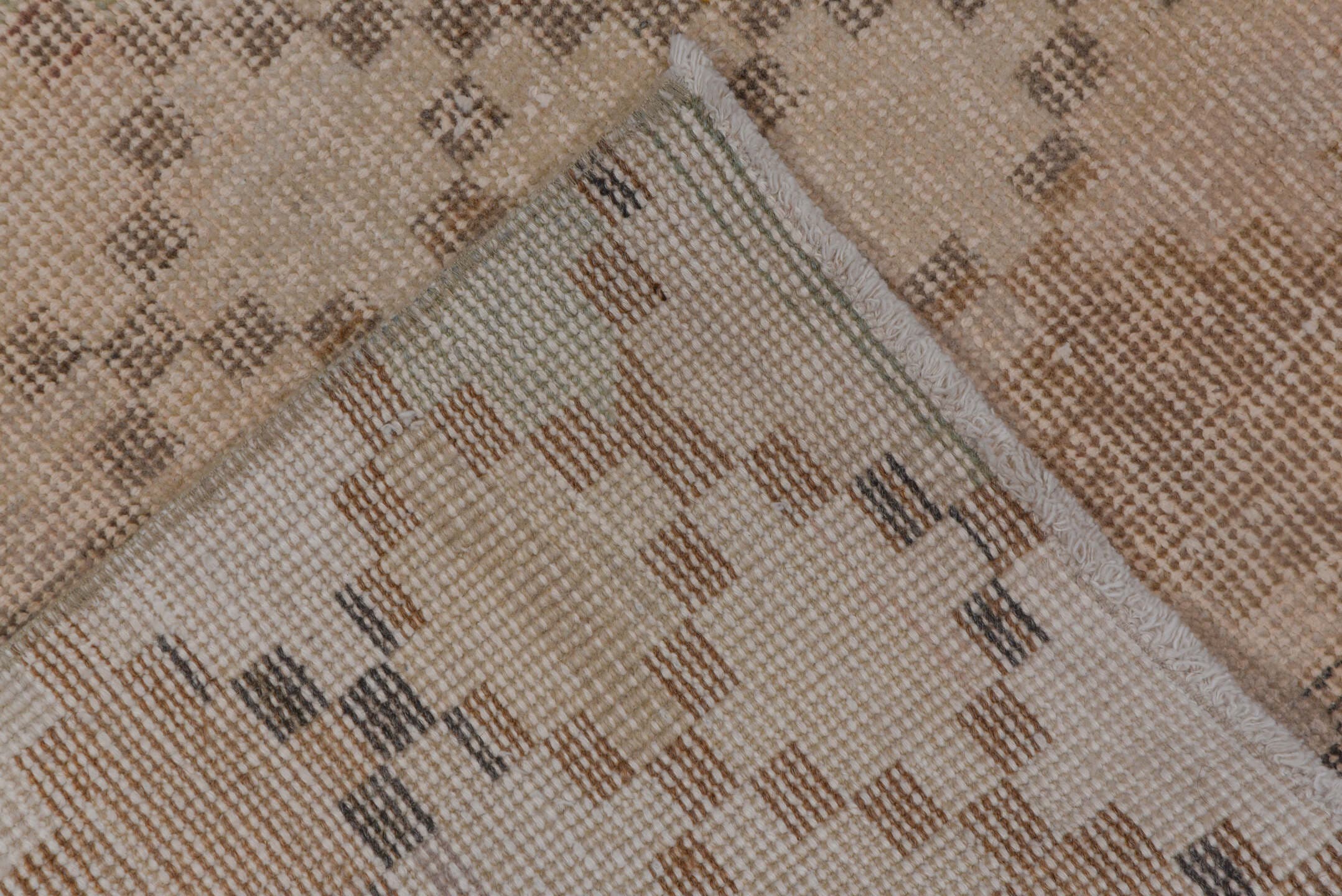 6' x 10' one-of-a-kind handmade vintage Oushak large size rug. Color palette: ivory, blush, taupe, sand, rose, gray, pink