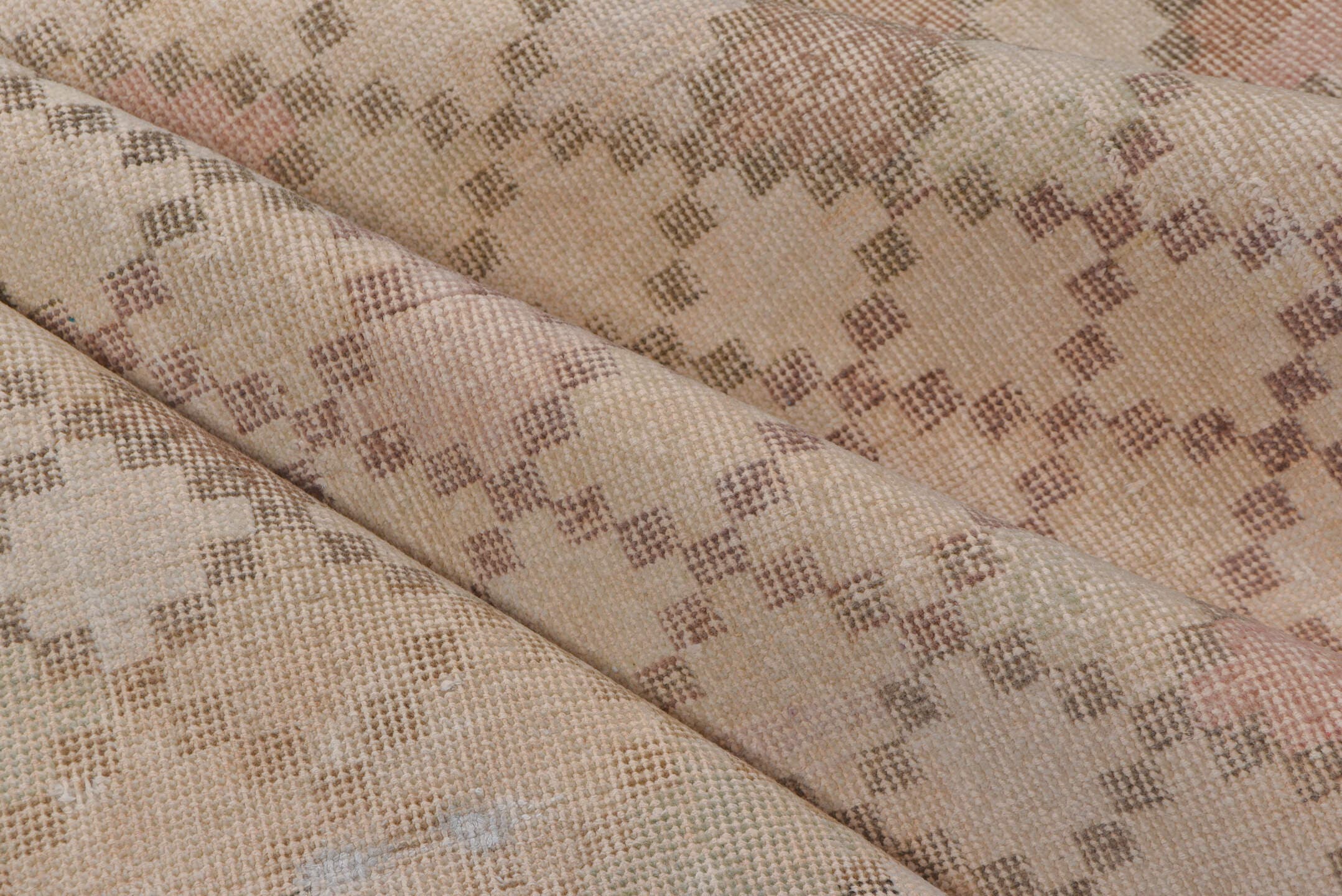 6' x 10' one-of-a-kind handmade vintage Oushak large size rug. Color palette: ivory, blush, taupe, sand, rose, gray, pink