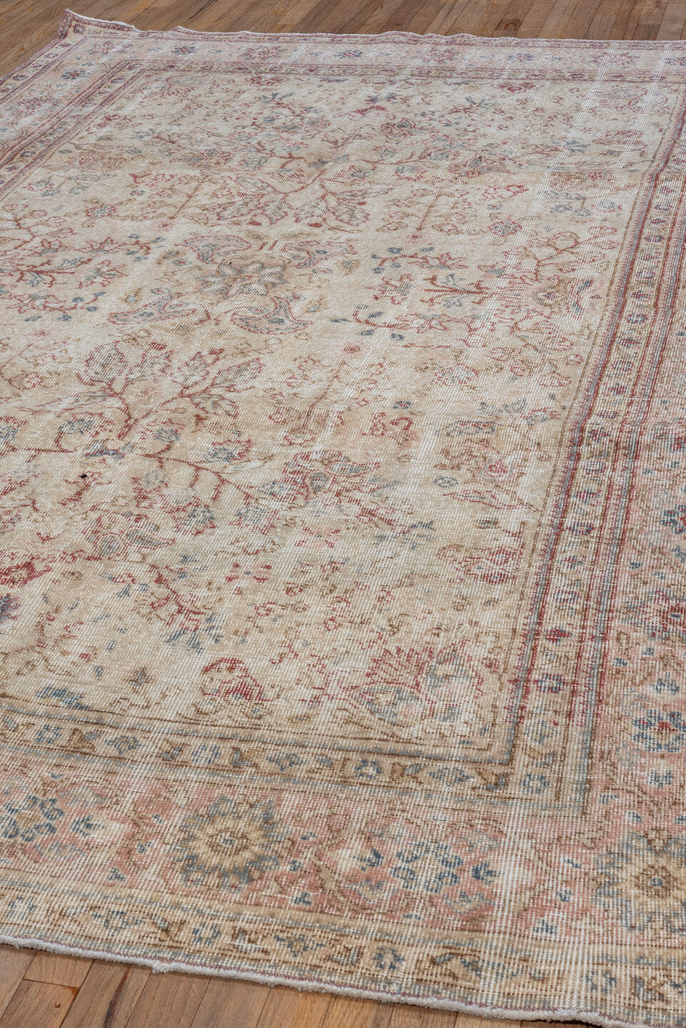 6' x 10' one-of-a-kind handmade vintage Oushak large size rug. Color palette: ivory, blush, pale blue, rust, beige, rose