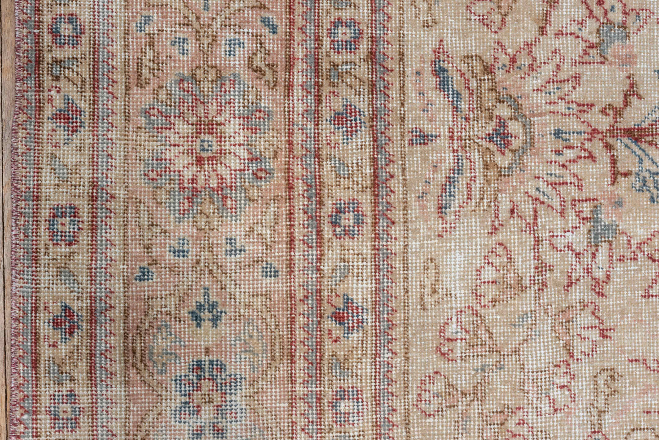 6' x 10' one-of-a-kind handmade vintage Oushak large size rug. Color palette: ivory, blush, pale blue, rust, beige, rose