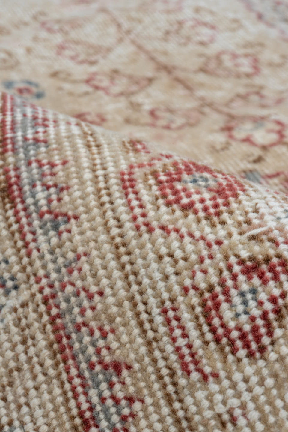 6' x 10' one-of-a-kind handmade vintage Oushak large size rug. Color palette: ivory, blush, pale blue, rust, beige, rose
