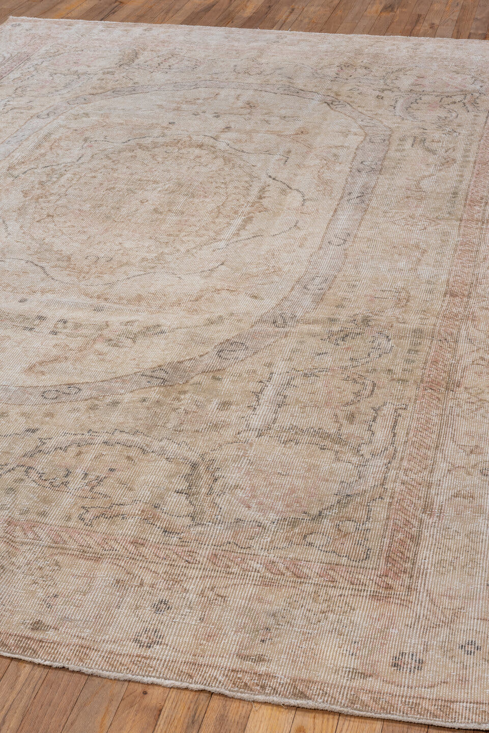 6' x 10' one-of-a-kind handmade vintage Oushak large size rug. Color palette: ivory, blush, taupe, beige, pale rose