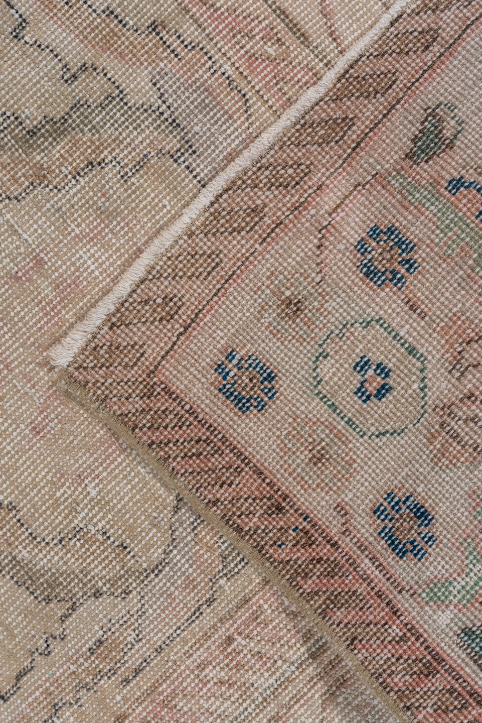 6' x 10' one-of-a-kind handmade vintage Oushak large size rug. Color palette: ivory, blush, taupe, beige, pale rose