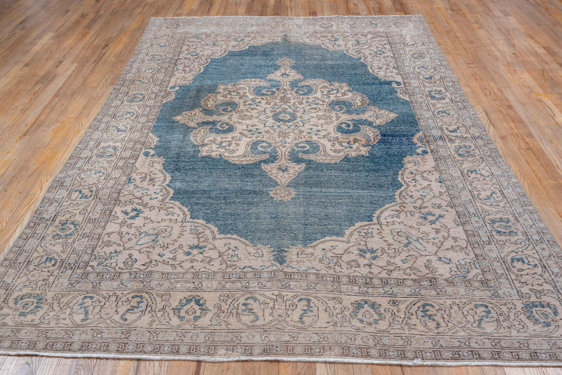 6' x 10' one-of-a-kind handmade vintage Oushak large size rug. Color palette: blue, ivory, taupe, beige, slate, gray