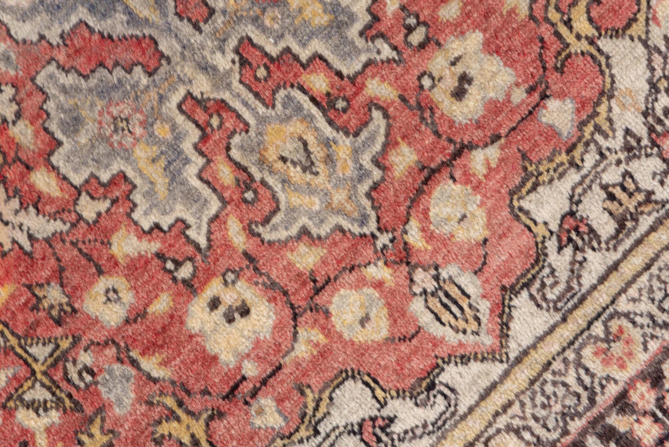 4' x 6' one-of-a-kind handmade vintage Oushak small size rug. Color palette: ivory, rust, blue-gray, charcoal, rose, taupe