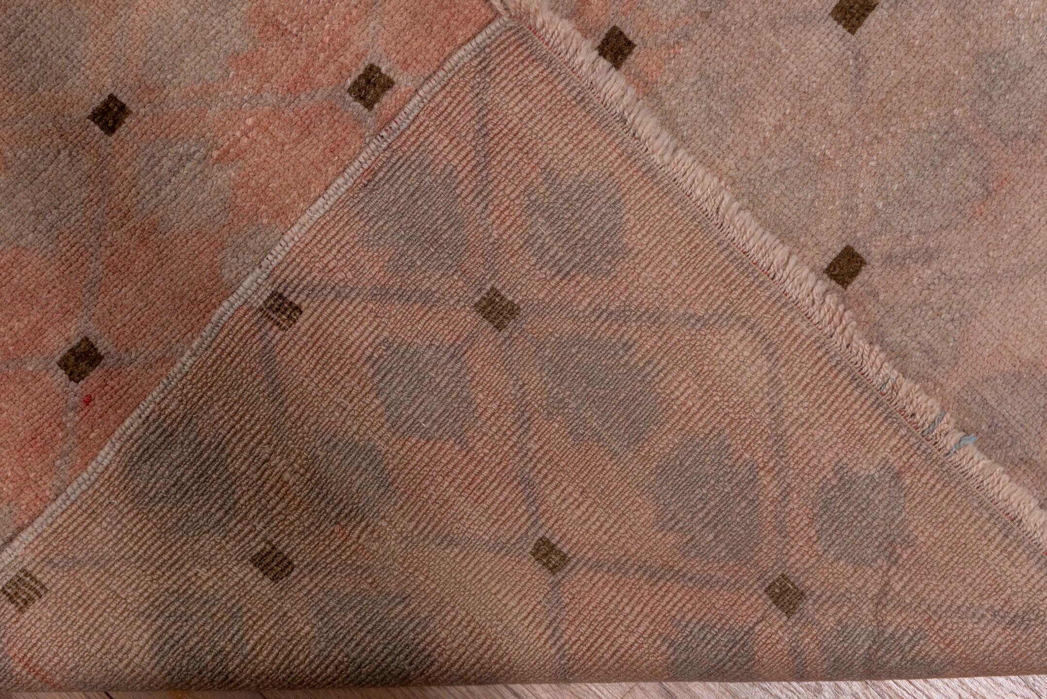 2' x 19' one-of-a-kind handmade vintage Oushak runner rug. Color palette: brown, gray, light gray, off-white, pink, snow