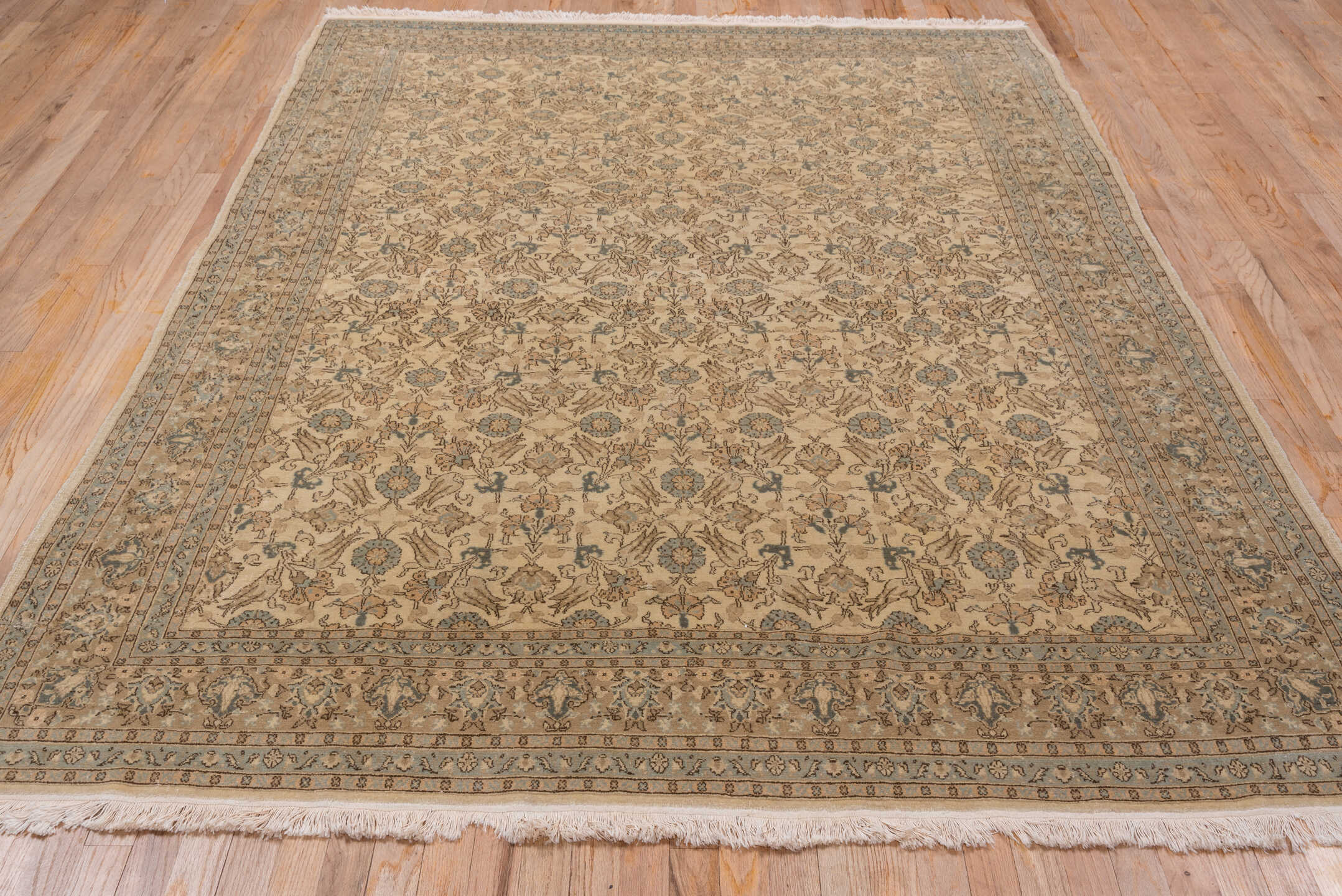 6' x 8' one-of-a-kind handmade vintage Sivas medium size rug. Color palette: beige, taupe, slate, ivory, camel, brown, gray