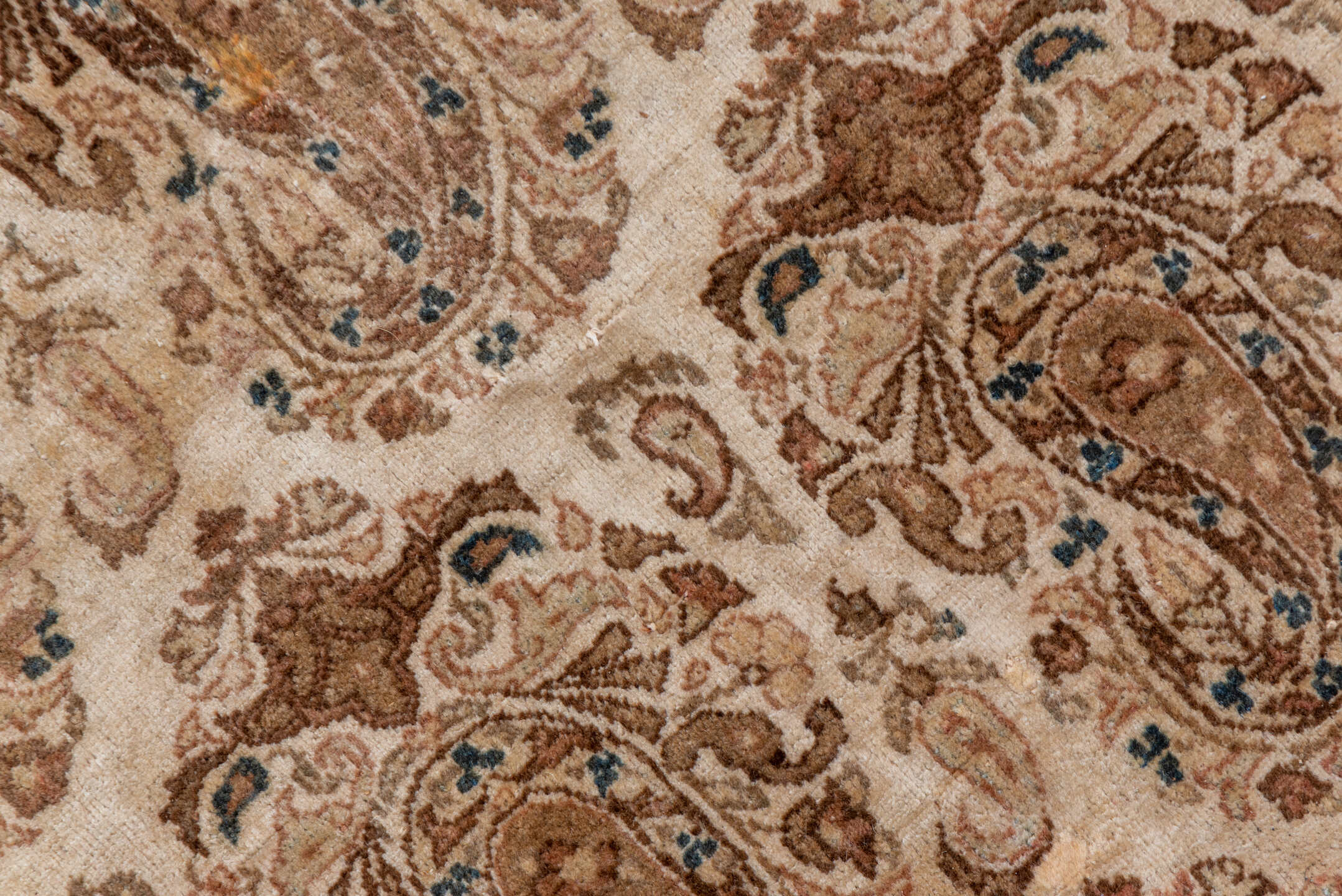 7' x 10' one-of-a-kind handmade vintage Qum large size rug. Color palette: brown, off-white, orange, pink