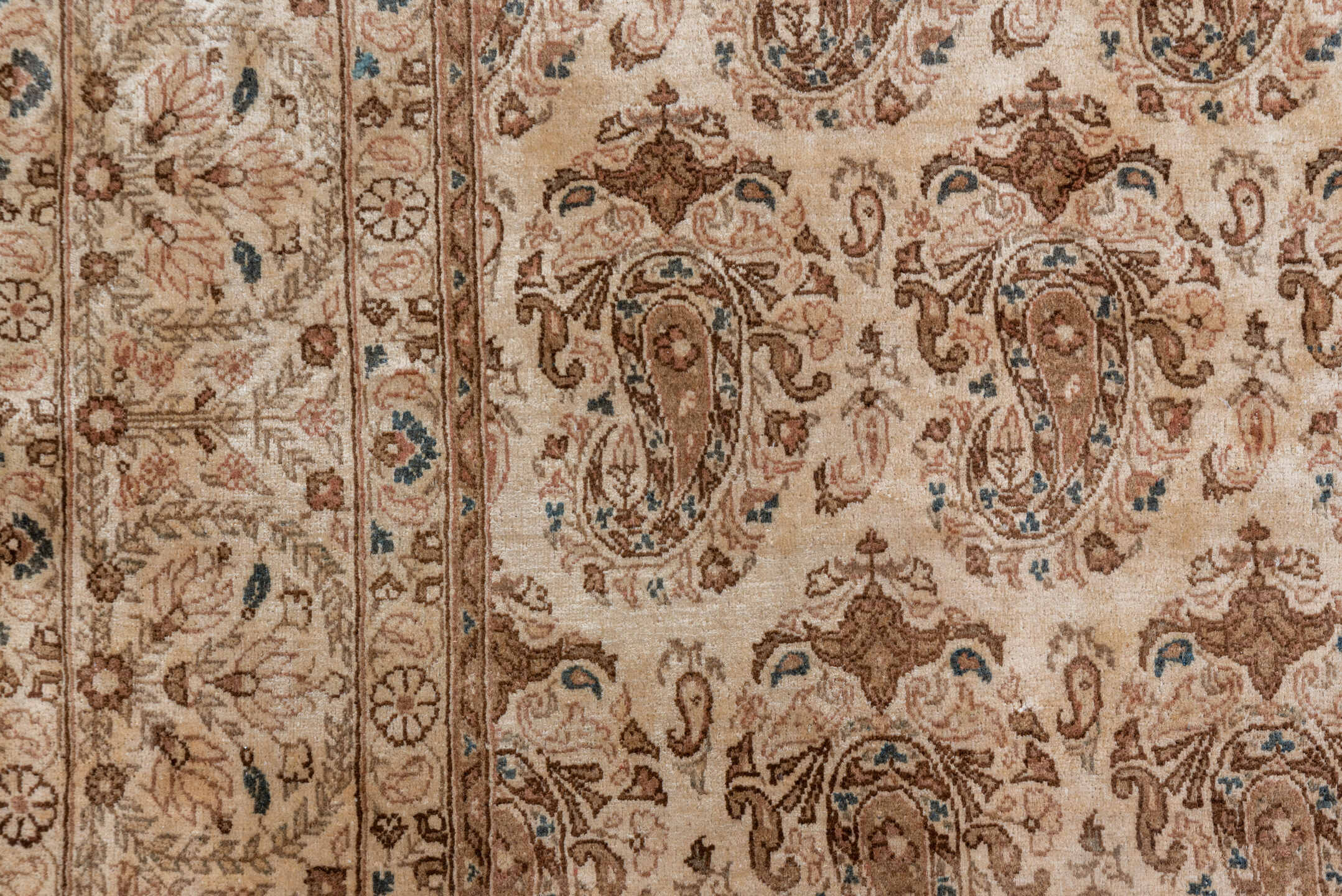 7' x 10' one-of-a-kind handmade antique Qum large size rug. Color palette: ivory, rose, taupe, camel, beige, sienna, pink