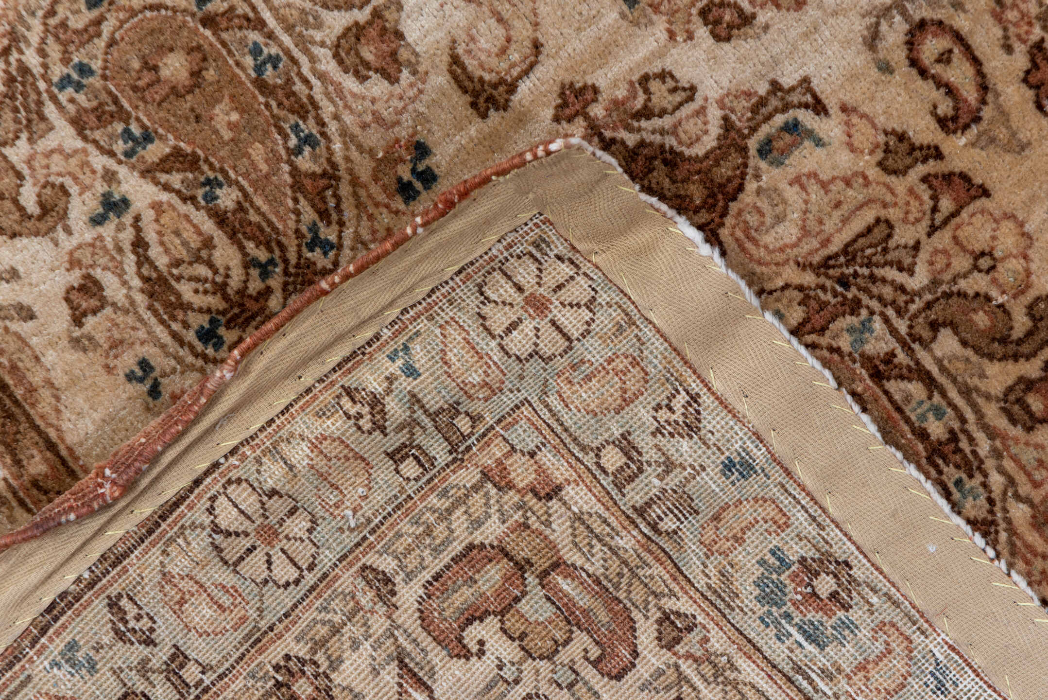 7' x 10' one-of-a-kind handmade antique Qum large size rug. Color palette: ivory, rose, taupe, camel, beige, sienna, pink