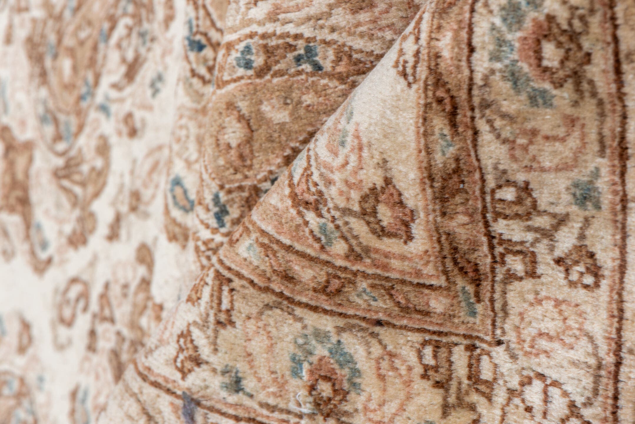 7' x 10' one-of-a-kind handmade antique Qum large size rug. Color palette: ivory, rose, taupe, camel, beige, sienna, pink