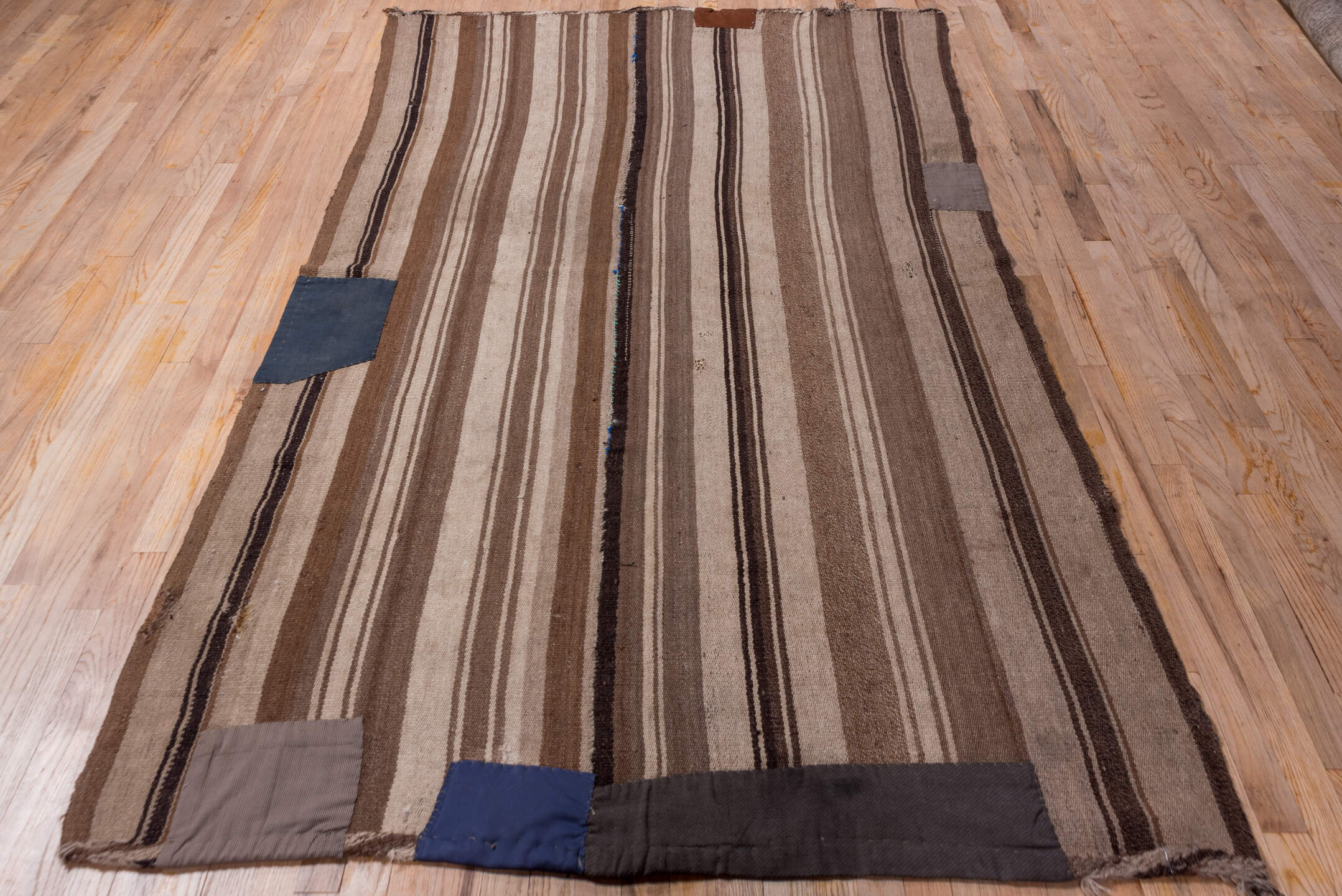 4' x 8' one-of-a-kind handmade vintage Kilim rug. Color palette: blue, brown, dark gray, gray, pink