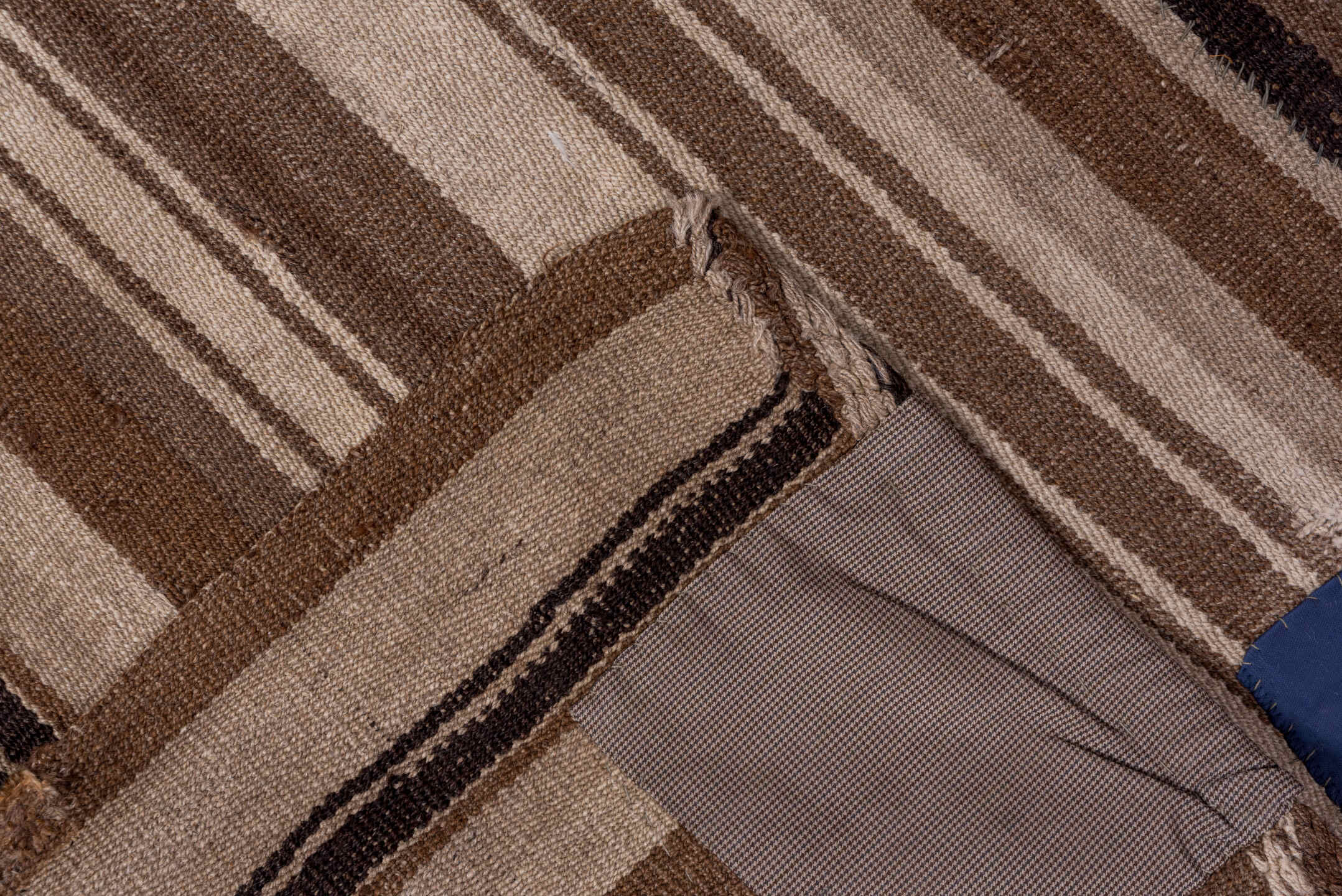 4' x 8' one-of-a-kind handmade vintage Kilim rug. Color palette: brown, taupe, camel, ivory, charcoal, slate, navy, beige