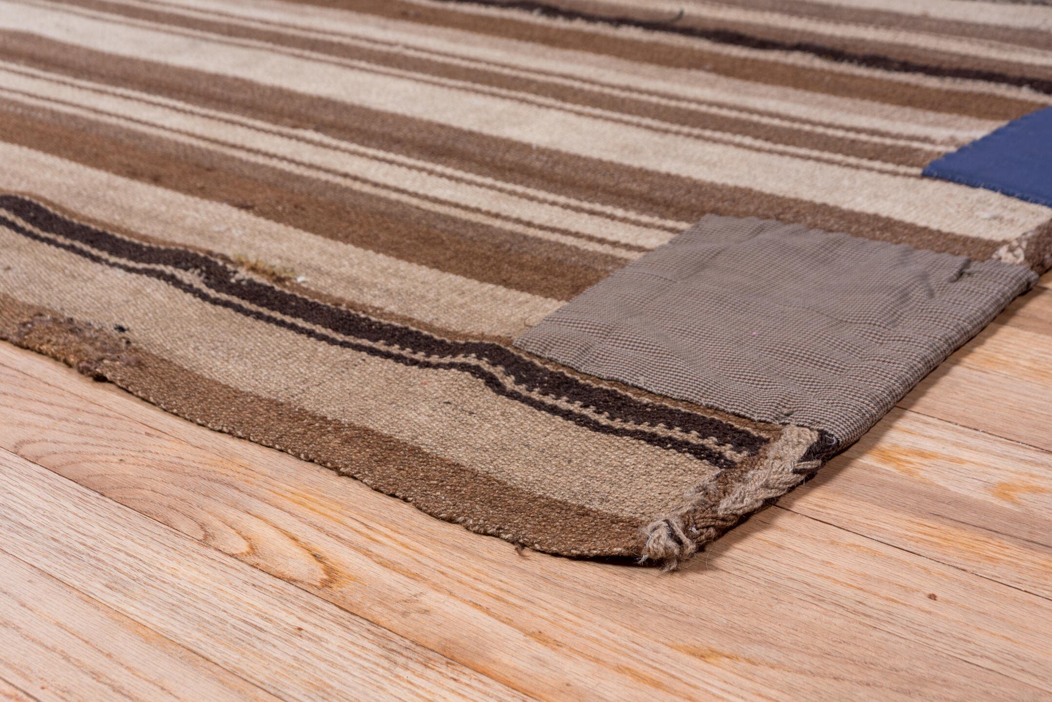 4' x 8' one-of-a-kind handmade vintage Kilim rug. Color palette: brown, taupe, camel, ivory, charcoal, slate, navy, beige
