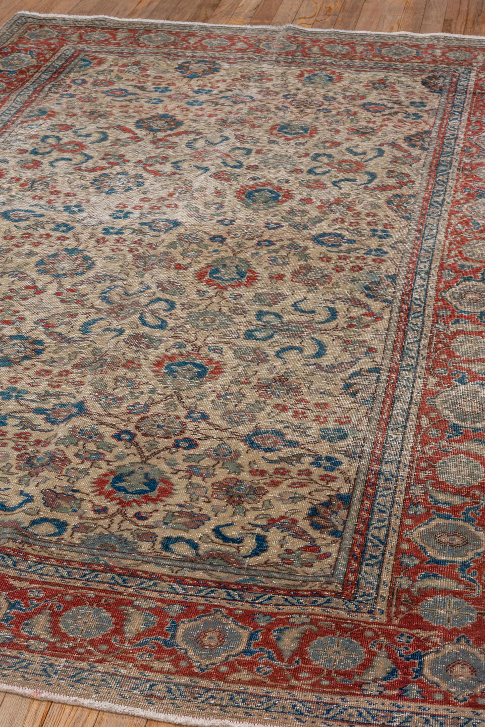 5' x 7' one-of-a-kind handmade vintage Kaisary rug. Color palette: ivory, rust, blue, slate, taupe, camel, terracotta, brown