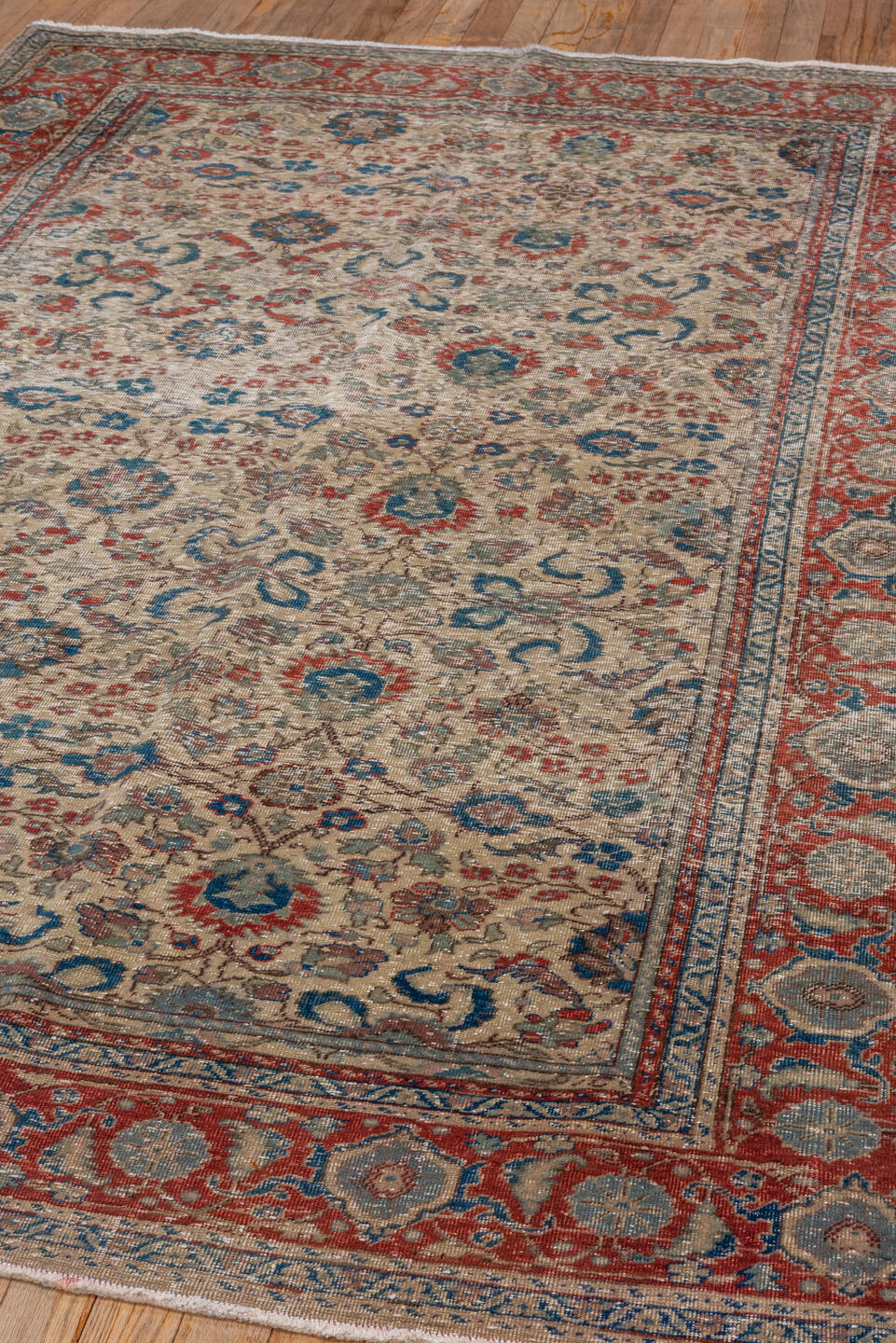 5' x 7' one-of-a-kind handmade vintage Kaisary rug. Color palette: arapawa, blue, brown, dark gray, gray, pink, red, redwood