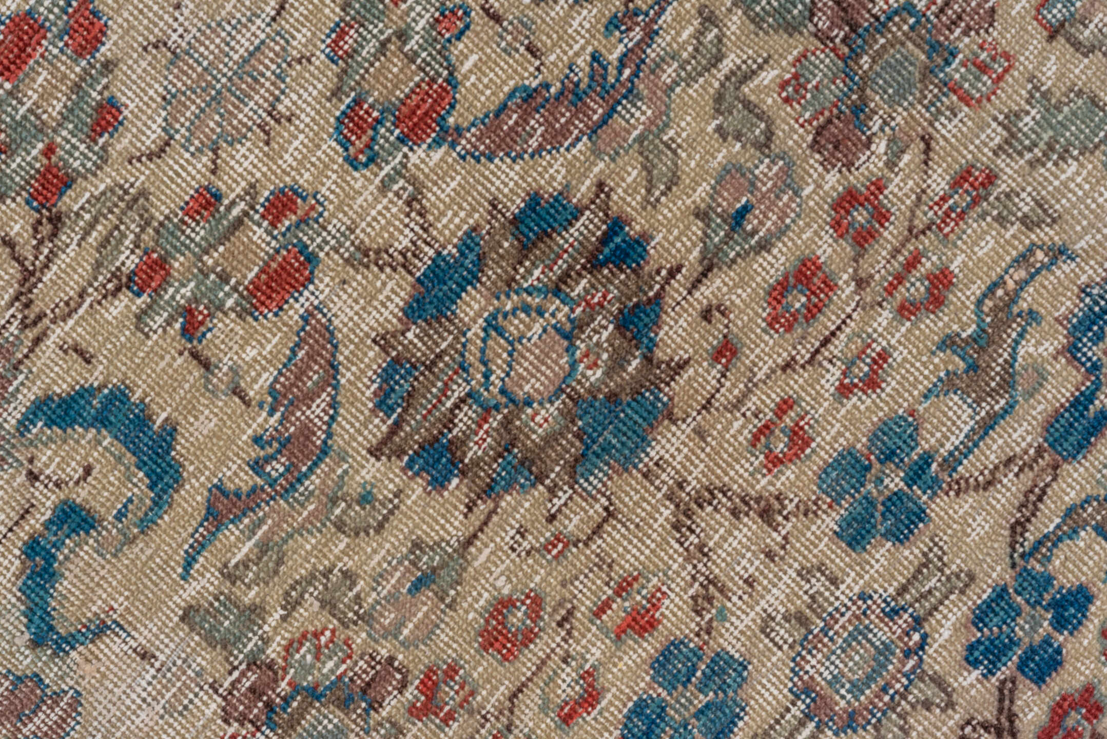 5' x 7' one-of-a-kind handmade vintage Kaisary rug. Color palette: arapawa, blue, brown, dark gray, gray, pink, red, redwood