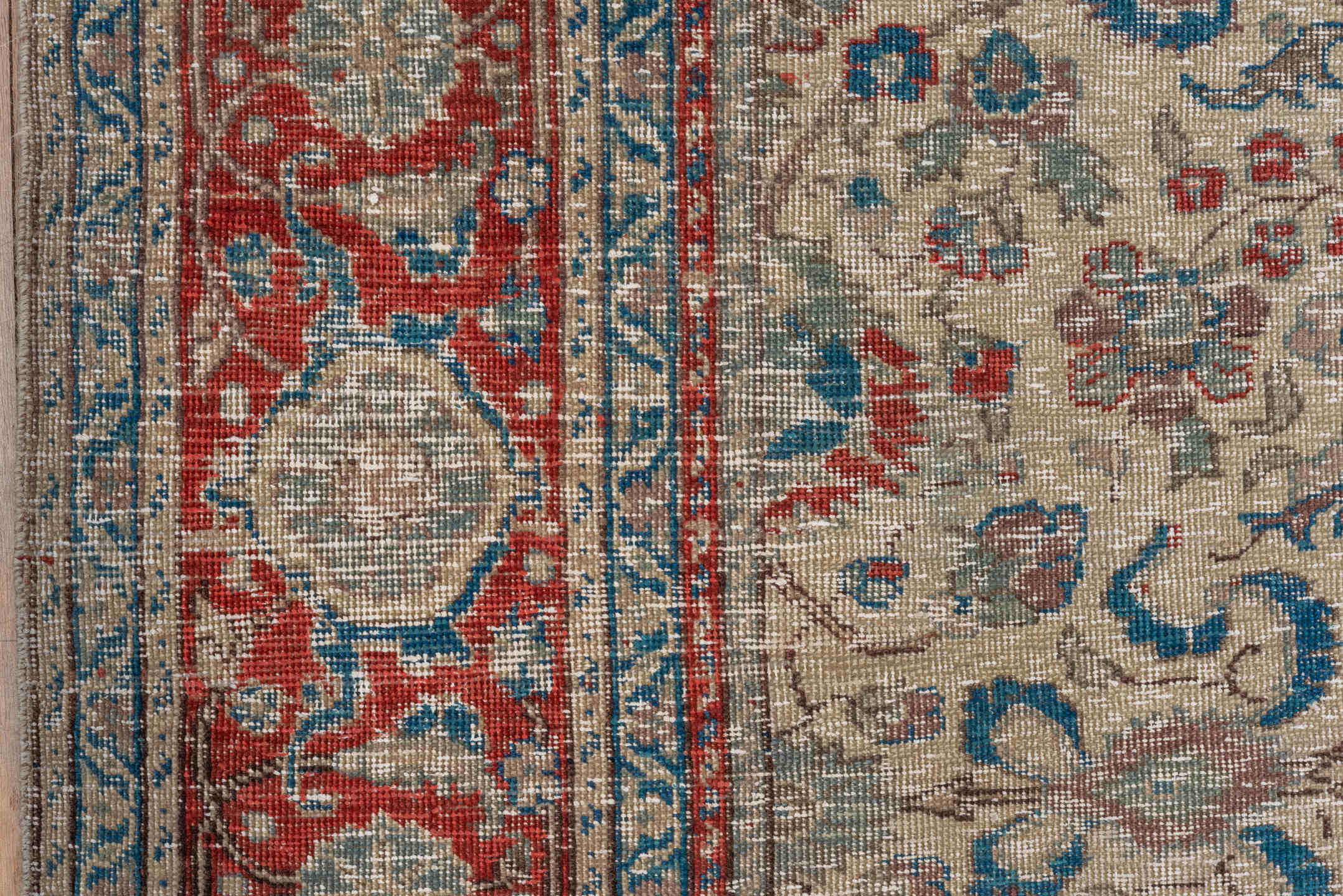 5' x 7' one-of-a-kind handmade vintage Kaisary rug. Color palette: ivory, rust, blue, slate, taupe, camel, terracotta, brown