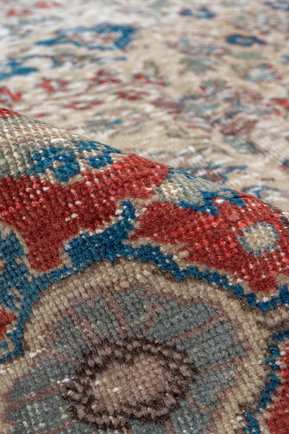 5' x 7' one-of-a-kind handmade vintage Kaisary rug. Color palette: arapawa, blue, brown, dark gray, gray, pink, red, redwood