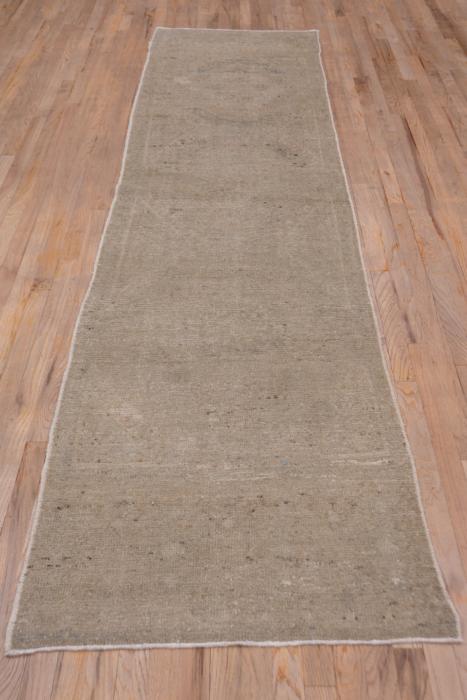 2' x 11' one-of-a-kind handmade vintage Oushak runner rug. Color palette: gray, light gray, off-white, pink, snow, white