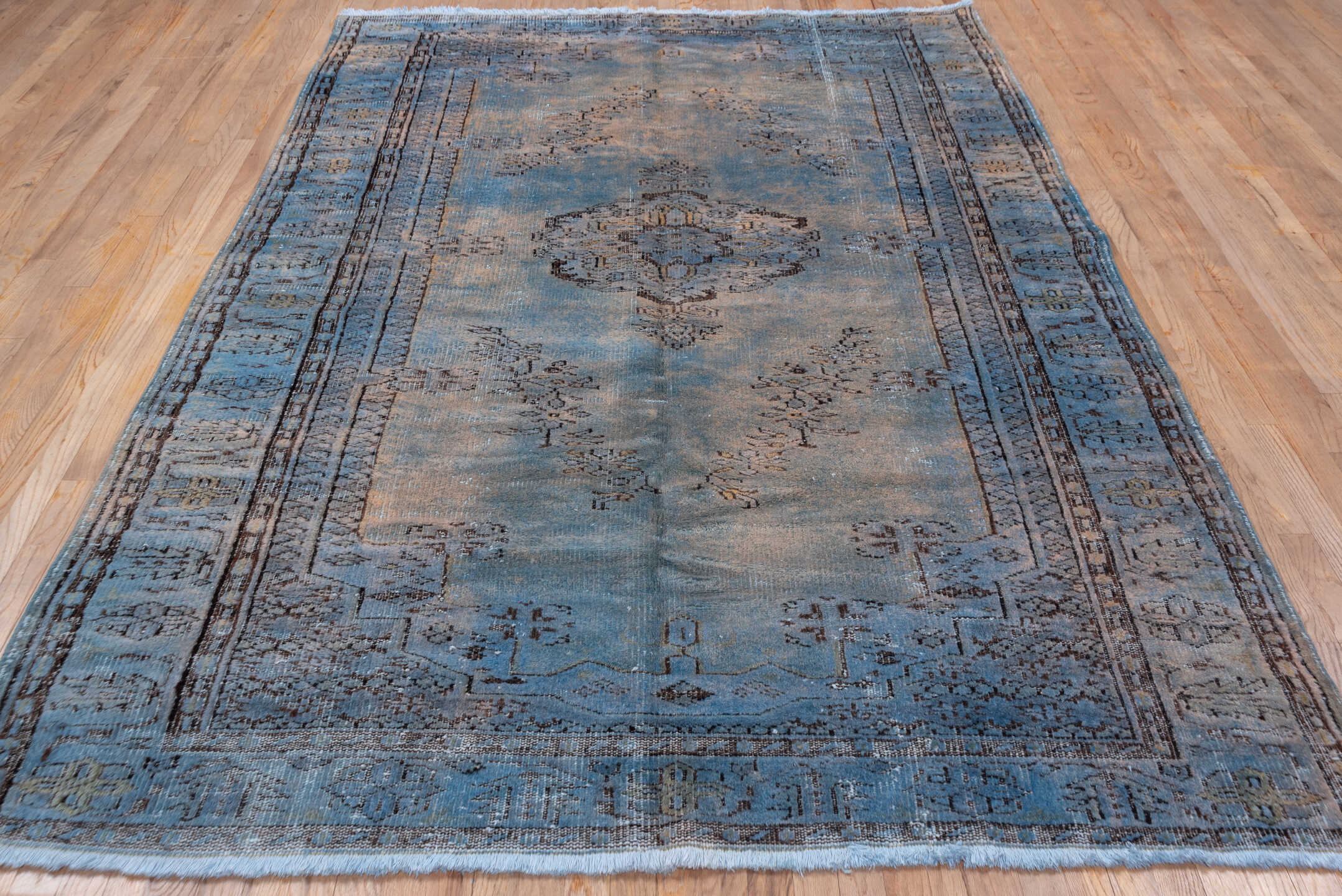 6' x 9' one-of-a-kind handmade vintage Overdyed medium size rug. Color palette: sky blue, slate, taupe, charcoal, ivory