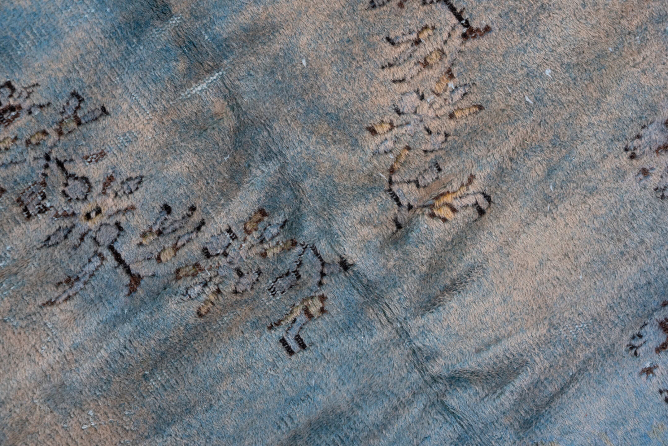 6' x 9' one-of-a-kind handmade vintage Overdyed medium size rug. Color palette: sky blue, slate, taupe, charcoal, ivory