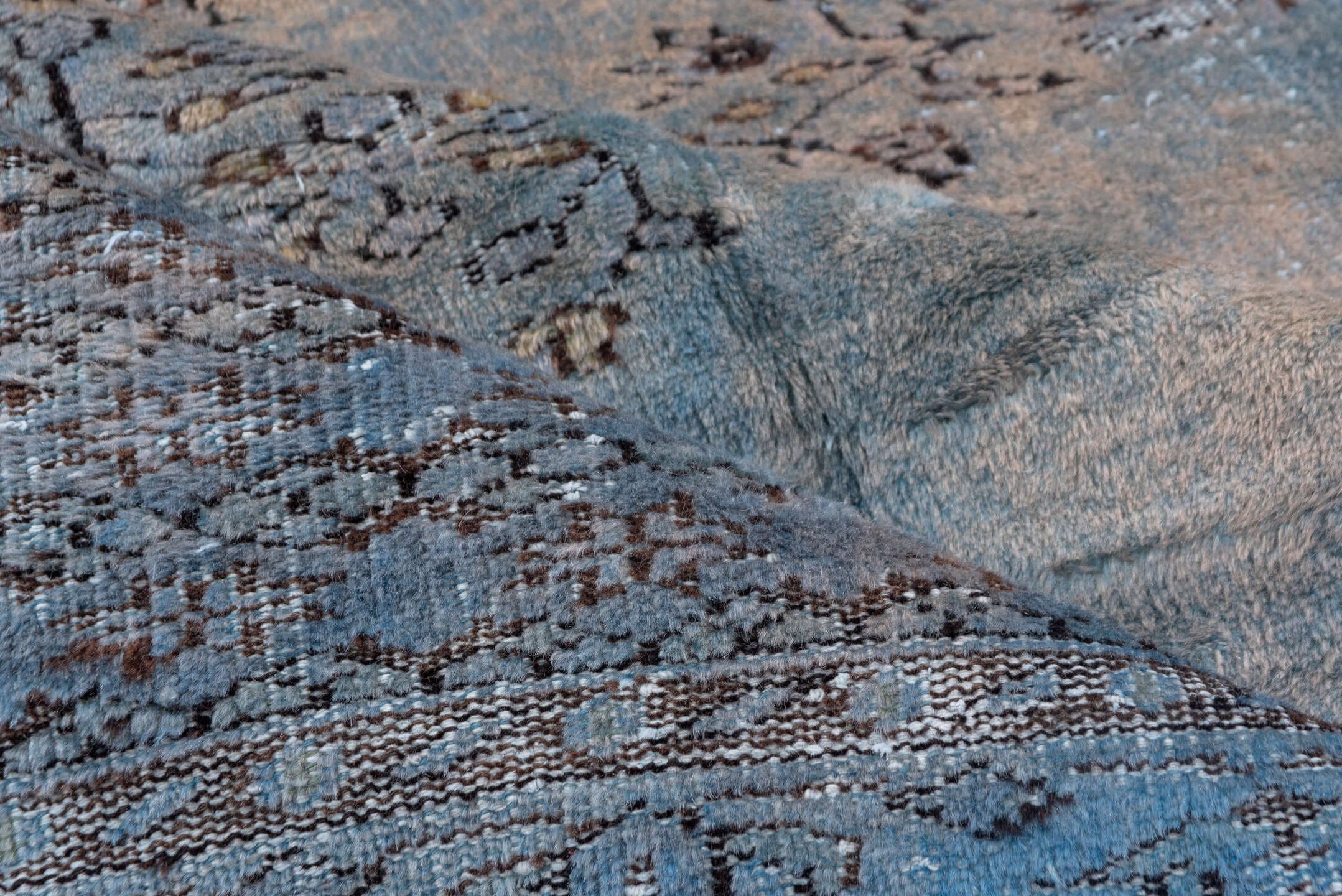 6' x 9' one-of-a-kind handmade vintage Overdyed medium size rug. Color palette: sky blue, slate, taupe, charcoal, ivory