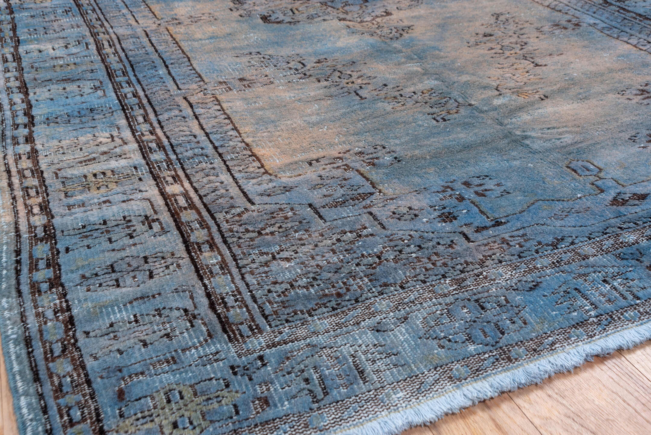 6' x 9' one-of-a-kind handmade vintage Overdyed medium size rug. Color palette: sky blue, slate, taupe, charcoal, ivory