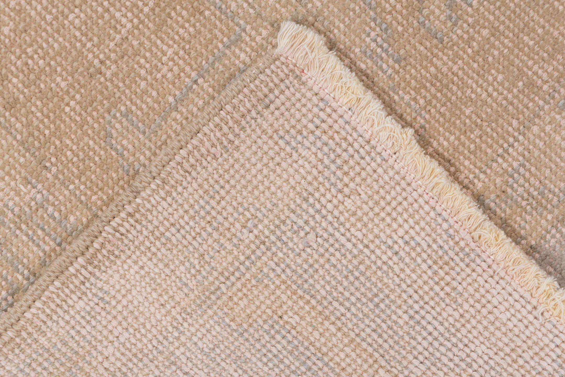 5' x 8' one-of-a-kind handmade vintage Oushak medium size rug. Color palette: brown, gray, light gray, off-white, pink, snow