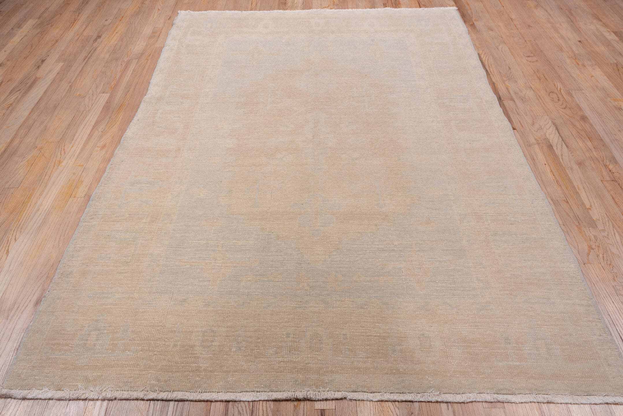 5' x 8' one-of-a-kind handmade vintage Oushak medium size rug. Color palette: blush, ivory, taupe, beige, sand, pink, gray