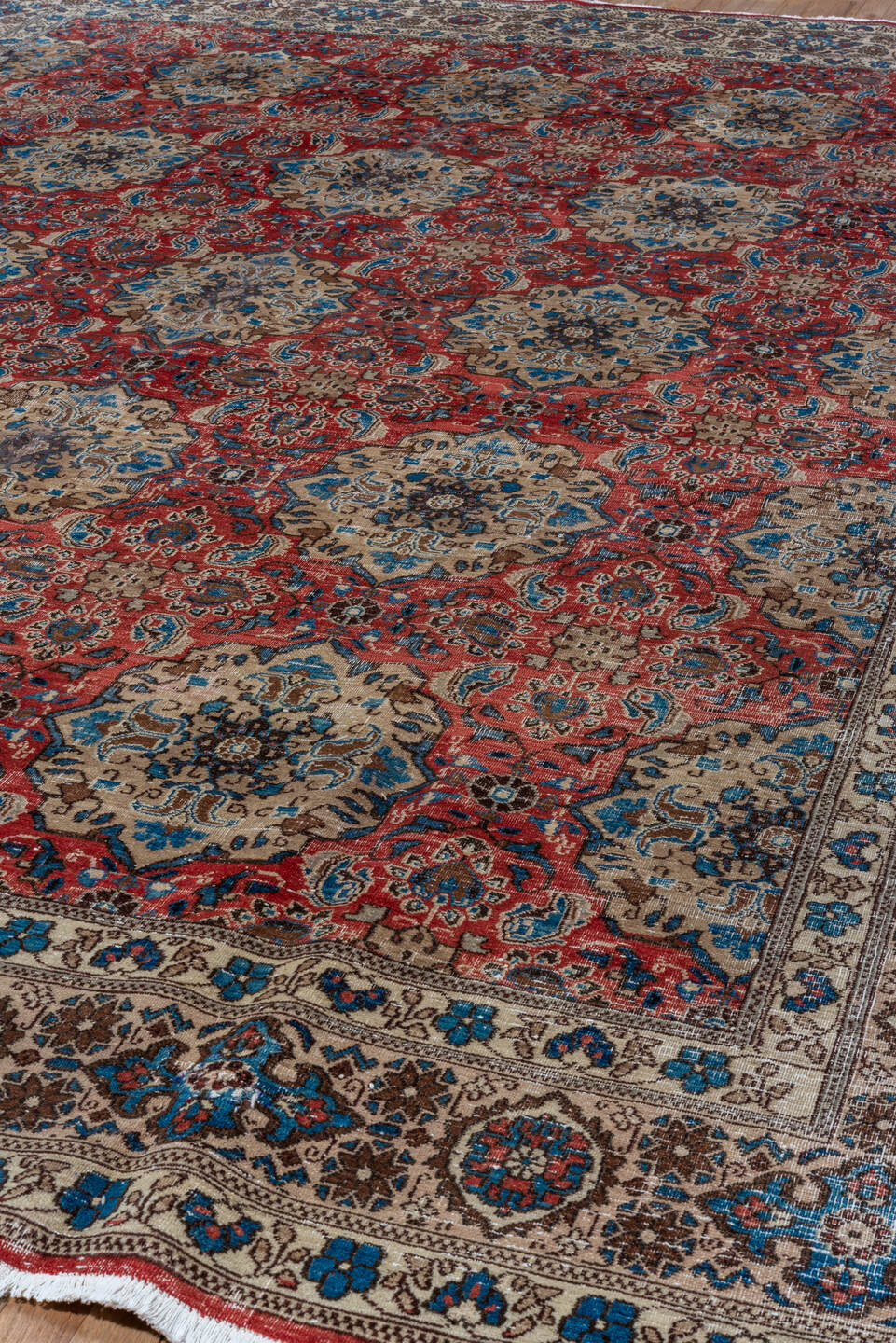 9' x 12' one-of-a-kind handmade vintage Sivas large size rug. Color palette: ivory, red, blue, brown, taupe, charcoal, beige