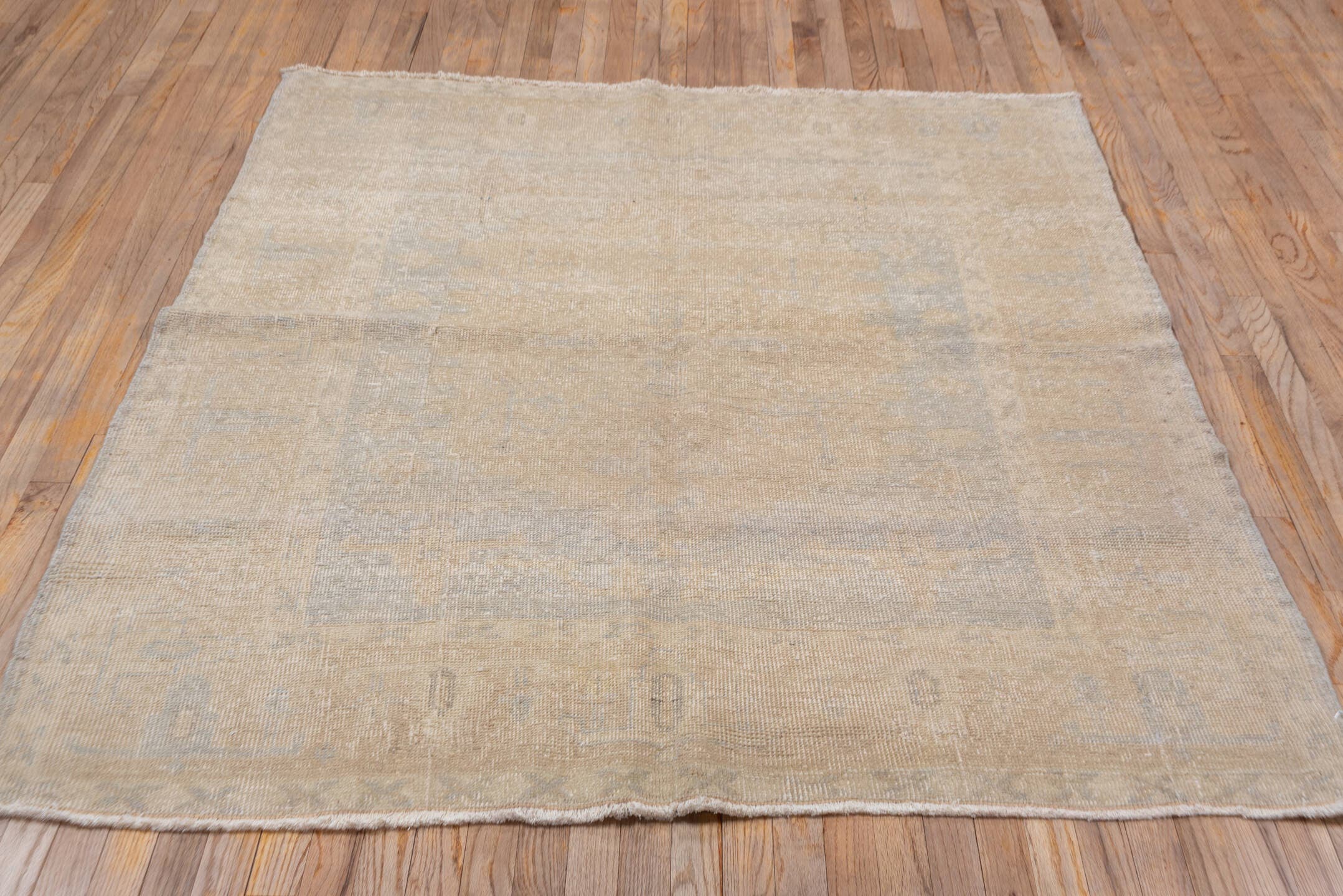 5' x 5' one-of-a-kind handmade vintage Oushak rug. Color palette: ivory, cream, beige, taupe, pale gold, light gray, gray
