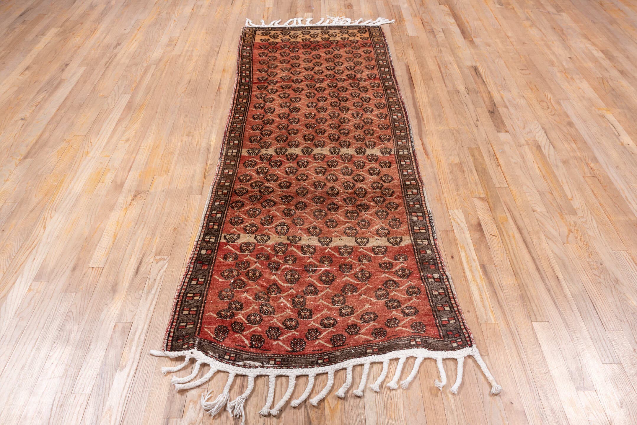3' x 8' one-of-a-kind handmade vintage Oushak runner rug. Color palette: terra cotta, brown, charcoal, ivory, taupe, rust