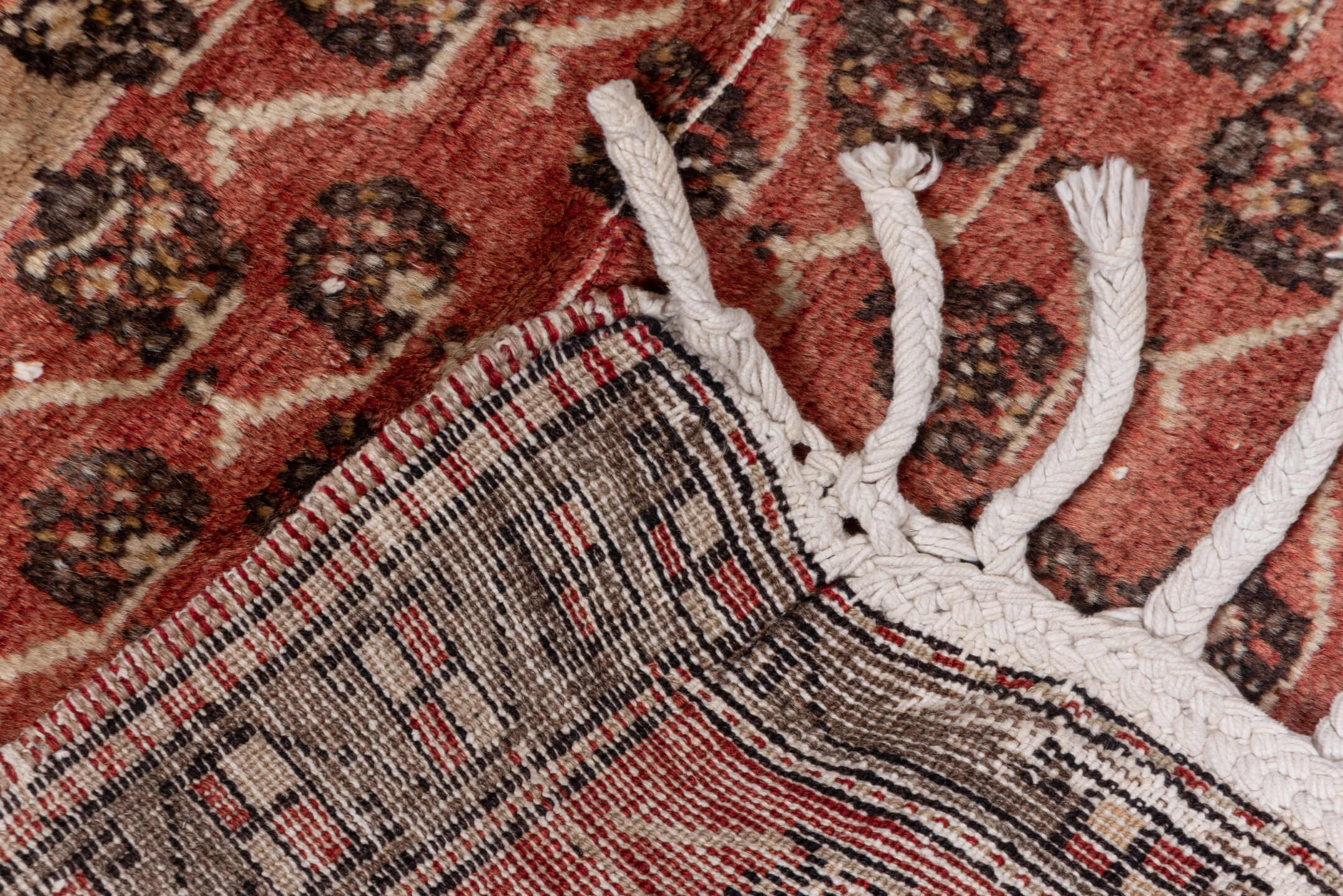 3' x 8' one-of-a-kind handmade vintage Oushak runner rug. Color palette: brown, gray, light gray, off-white, orange, pink