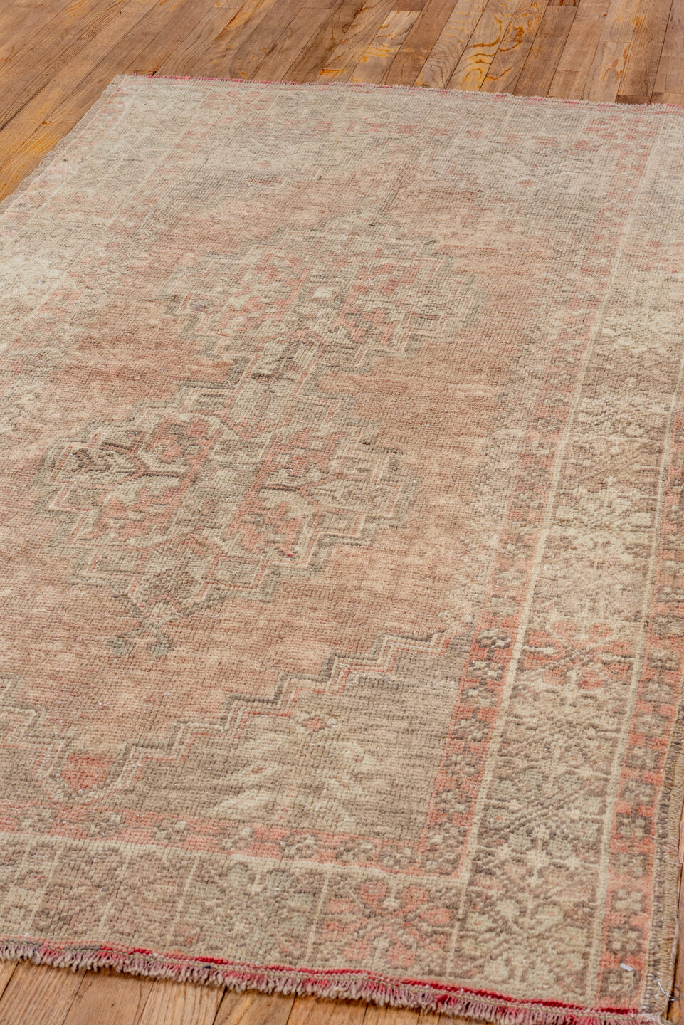 3' x 6' one-of-a-kind handmade vintage Oushak small size rug. Color palette: blush, taupe, ivory, warm gray, dusty rose
