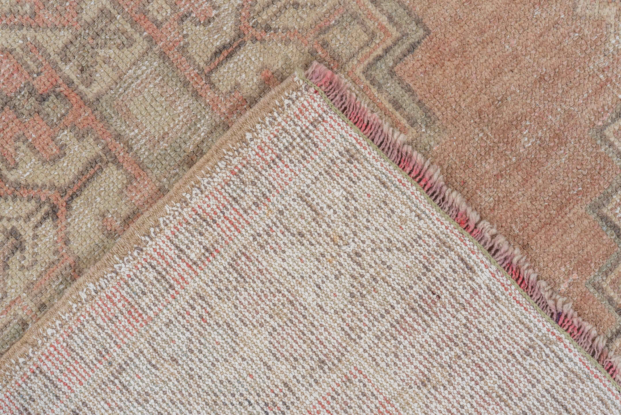 3' x 6' one-of-a-kind handmade vintage Oushak small size rug. Color palette: blush, taupe, ivory, warm gray, dusty rose