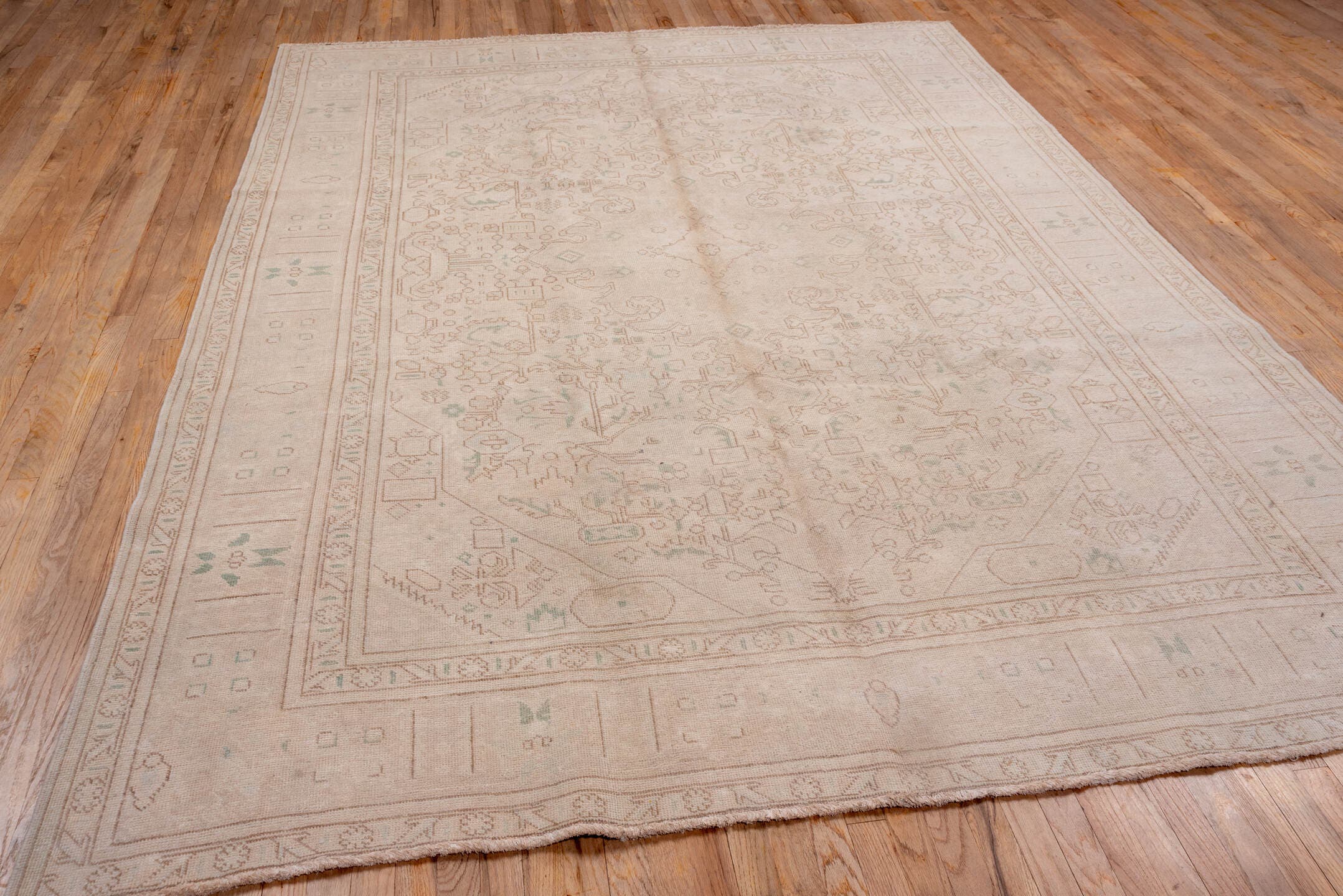 8' x 10' one-of-a-kind handmade vintage Tabriz large size rug. Color palette: ivory, blush, sand, taupe, pale celadon, pink