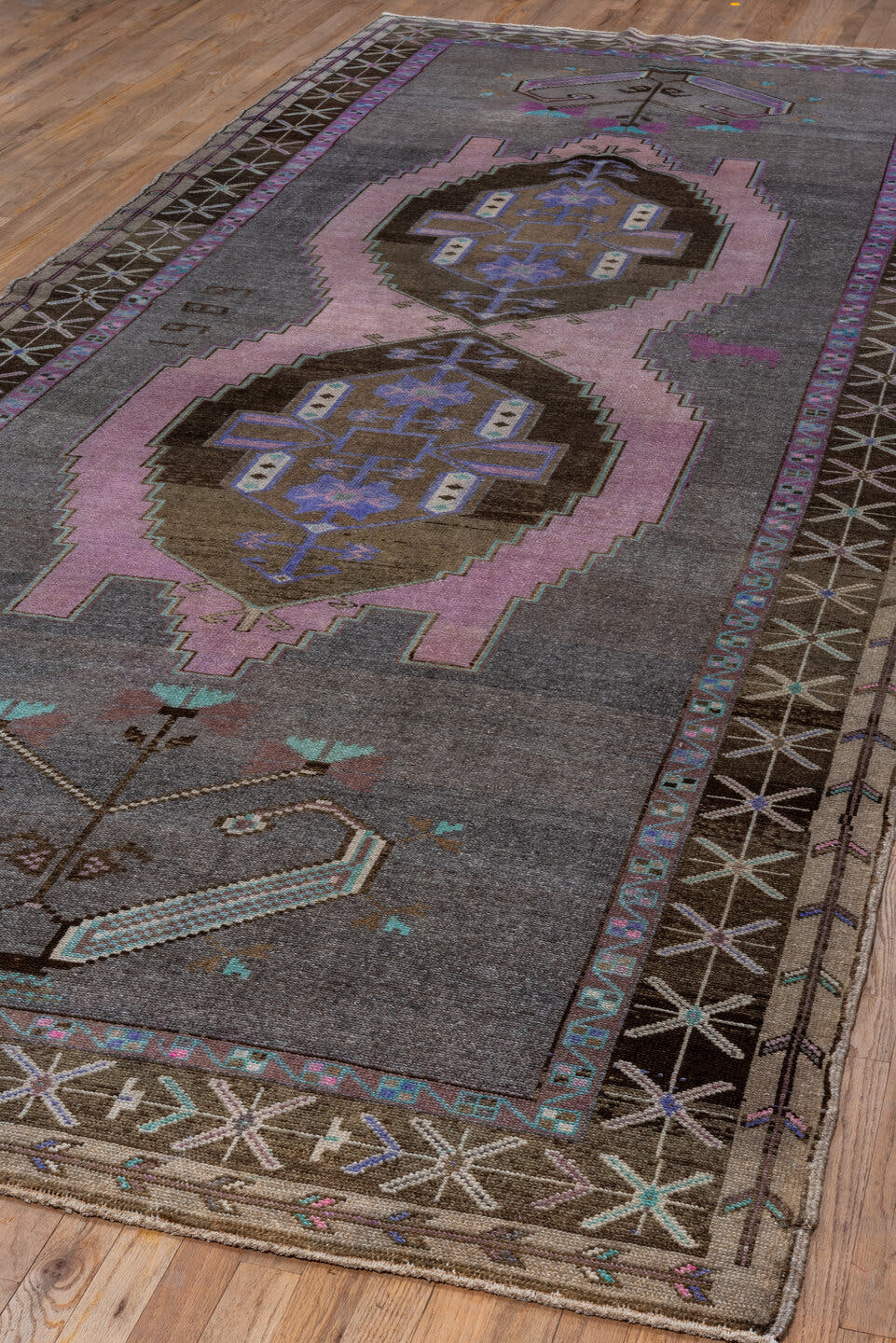 5' x 14' one-of-a-kind handmade vintage Kars rug. Color palette: taupe, brown, blush, lavender, aqua, ivory, charcoal, beige