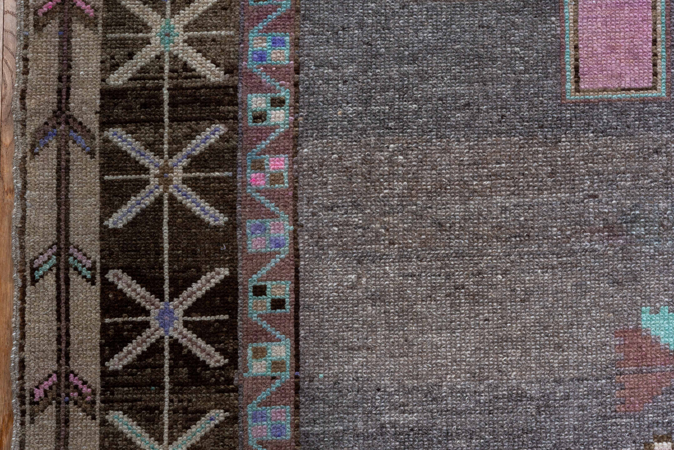 5' x 14' one-of-a-kind handmade vintage Kars rug. Color palette: taupe, brown, blush, lavender, aqua, ivory, charcoal, beige