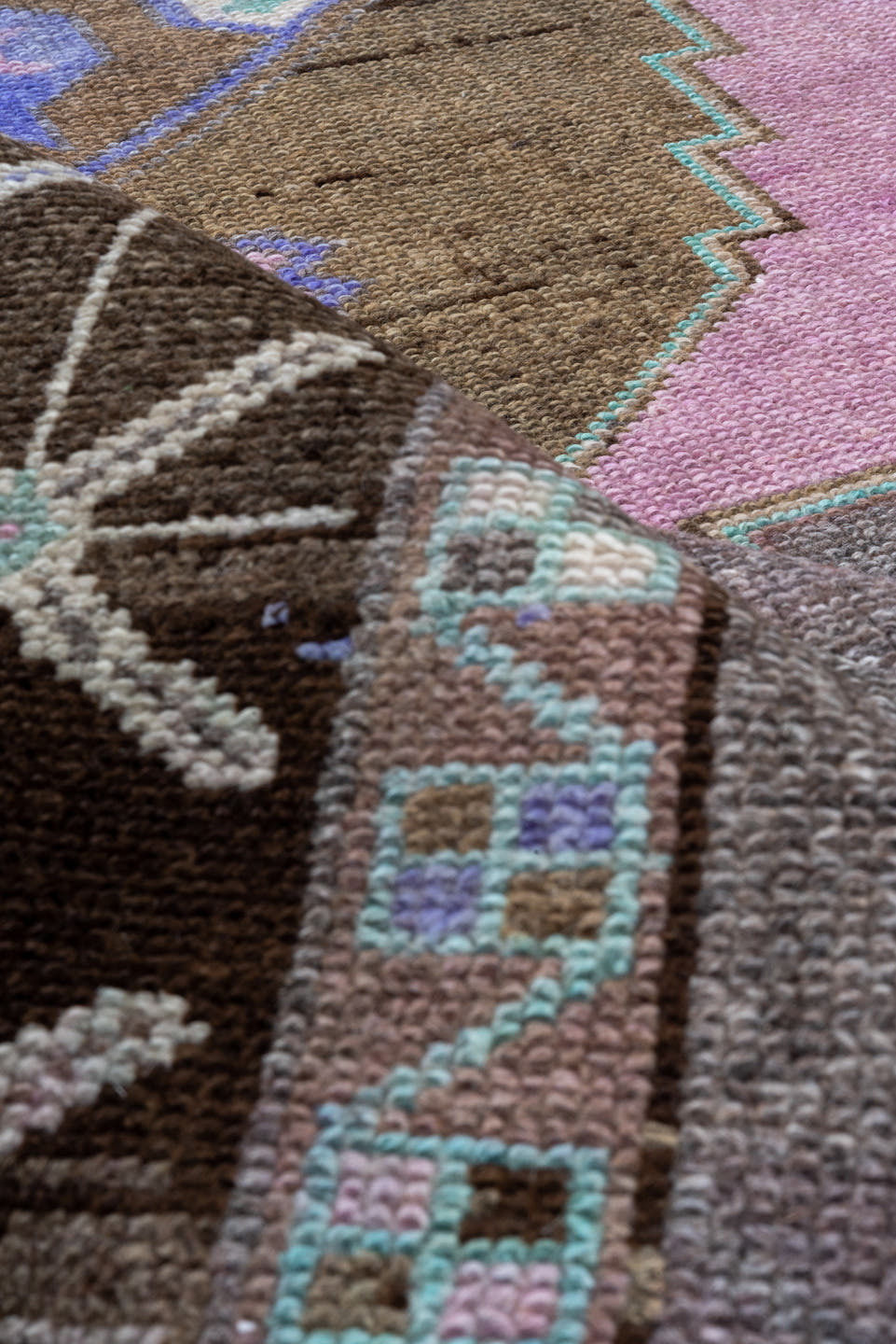 5' x 14' one-of-a-kind handmade vintage Kars rug. Color palette: taupe, brown, blush, lavender, aqua, ivory, charcoal, beige