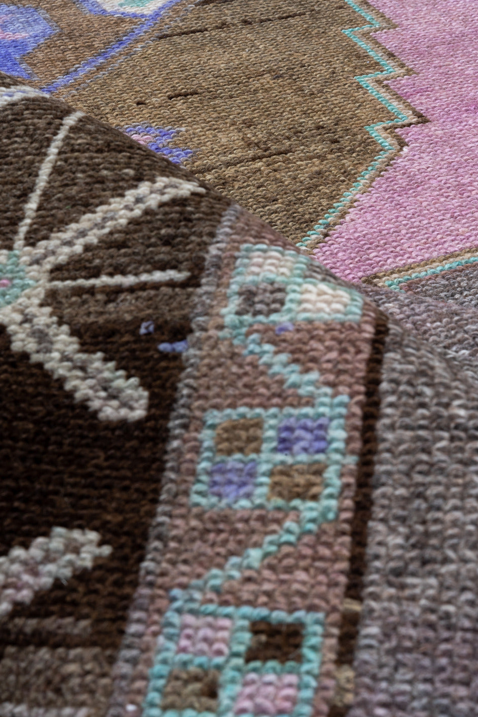 5' x 14' one-of-a-kind handmade vintage Kars rug. Color palette: taupe, brown, blush, lavender, aqua, ivory, charcoal, beige