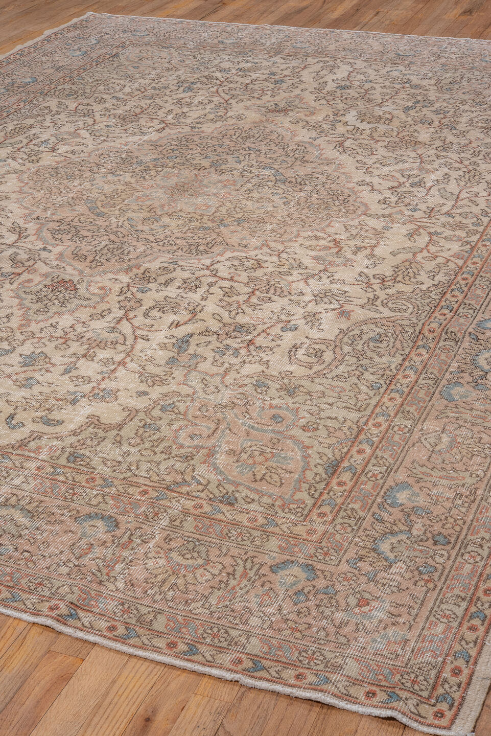 8' x 11' one-of-a-kind handmade vintage Oushak large size rug. Color palette: ivory, taupe, blush, light blue, beige, camel