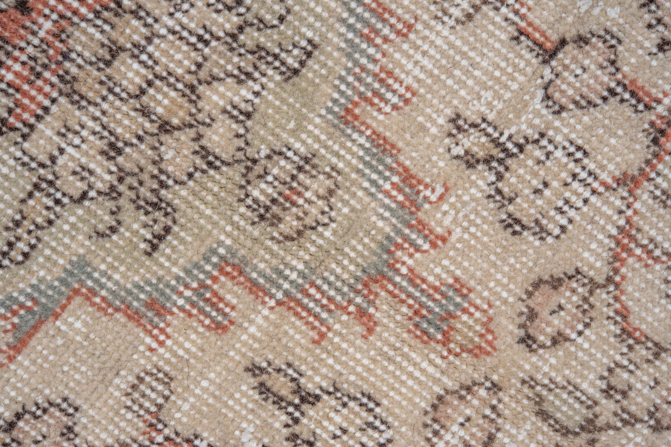 8' x 11' one-of-a-kind handmade vintage Oushak large size rug. Color palette: ivory, taupe, blush, light blue, beige, camel